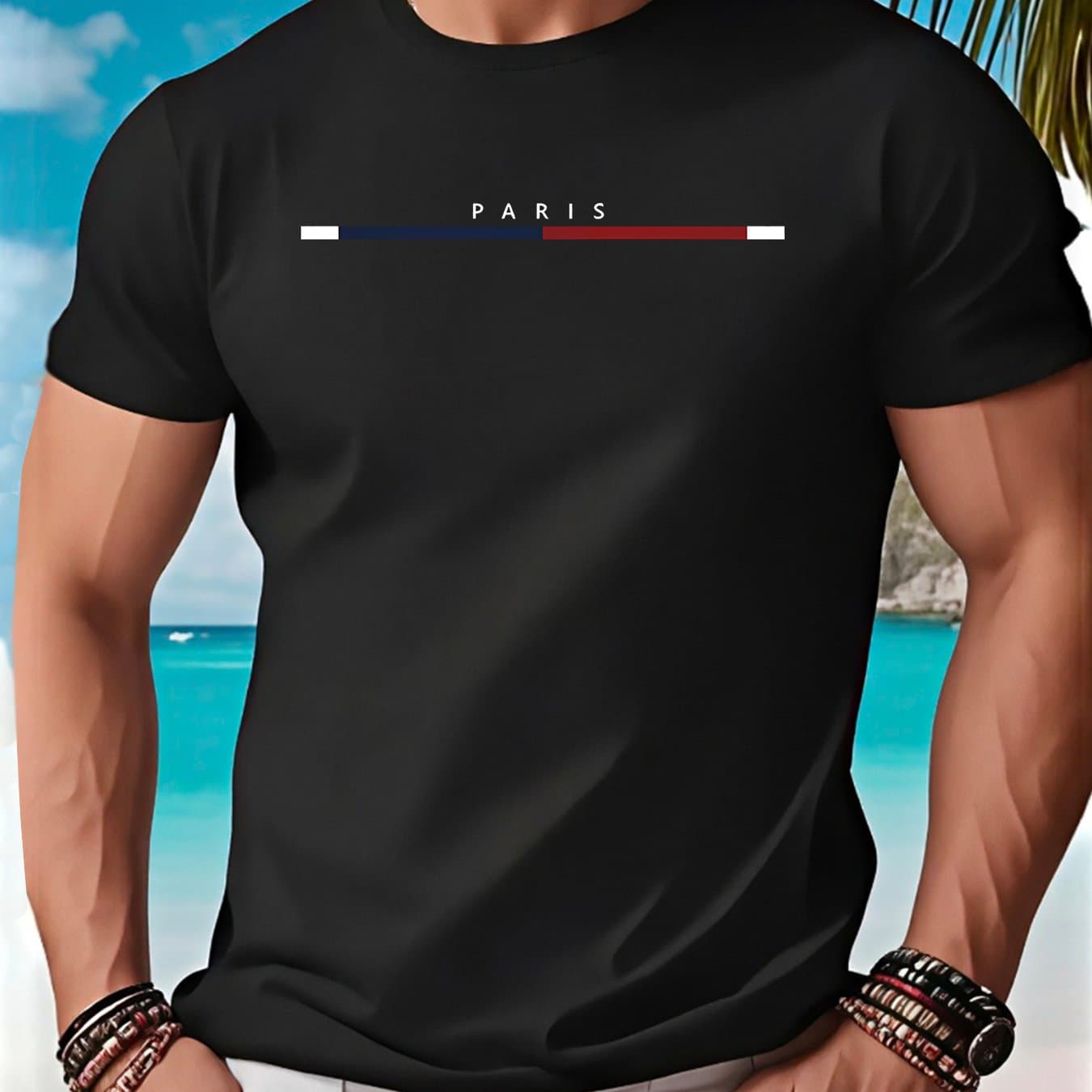 TEMU Men's Paris Graphic T-shirt - Black Casual Short Sleeve Tee With Red, White And , Comfortable Round Neck, Perfect For Casual Attire, Everyday Tshirt | Parisian Style |