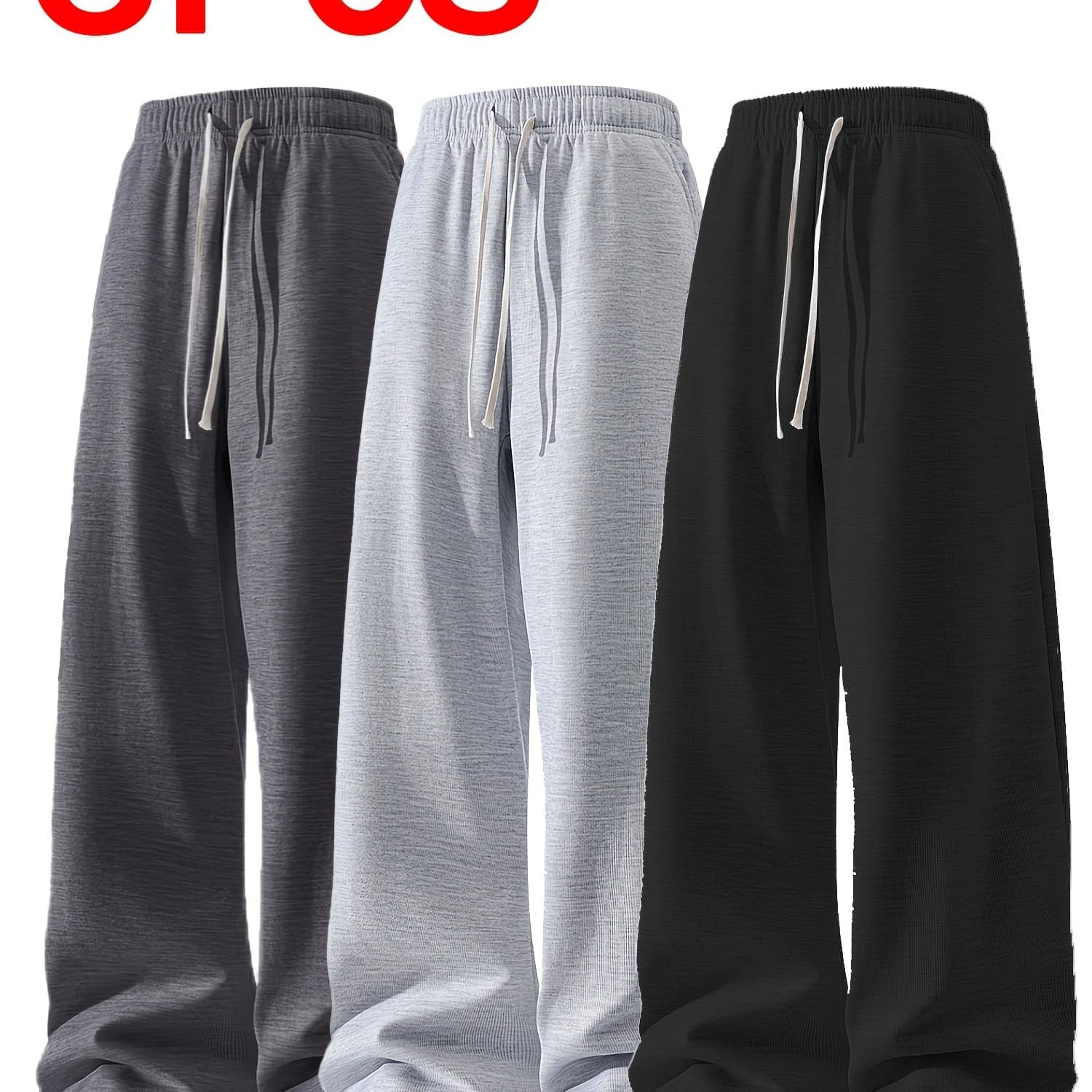 TEMU 3pcs Men's Lightweight Soft Joggers - Loose Fit Straight Leg Pants Waist, Light Grey & Black/dark Grey, Suitable For Gym, Casual Wear, Everyday Use - (stock )