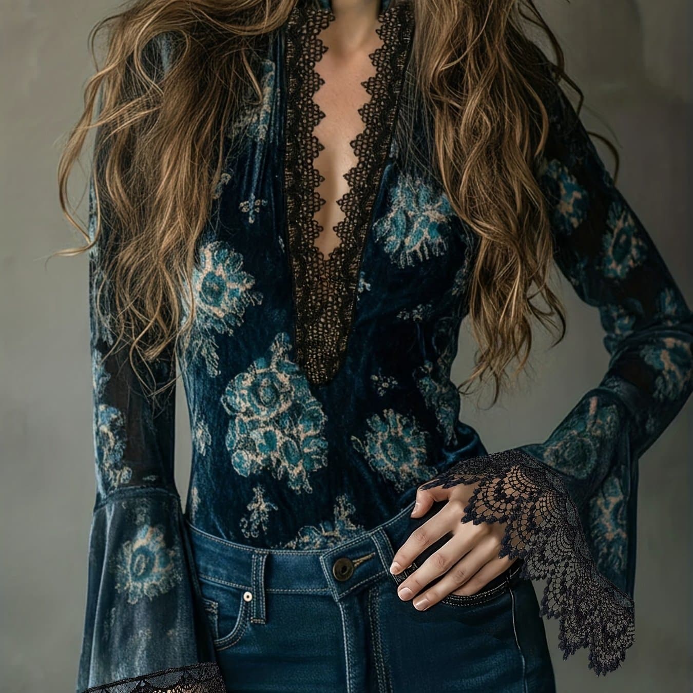 TEMU Women's Vintage Velvet Long-sleeve Shirt, Beautiful Ladies' Blouse, Lace Pullover Top, Medium Stretch Fashion Shirt, Indoor Christmas Holiday Party Outfit Top,