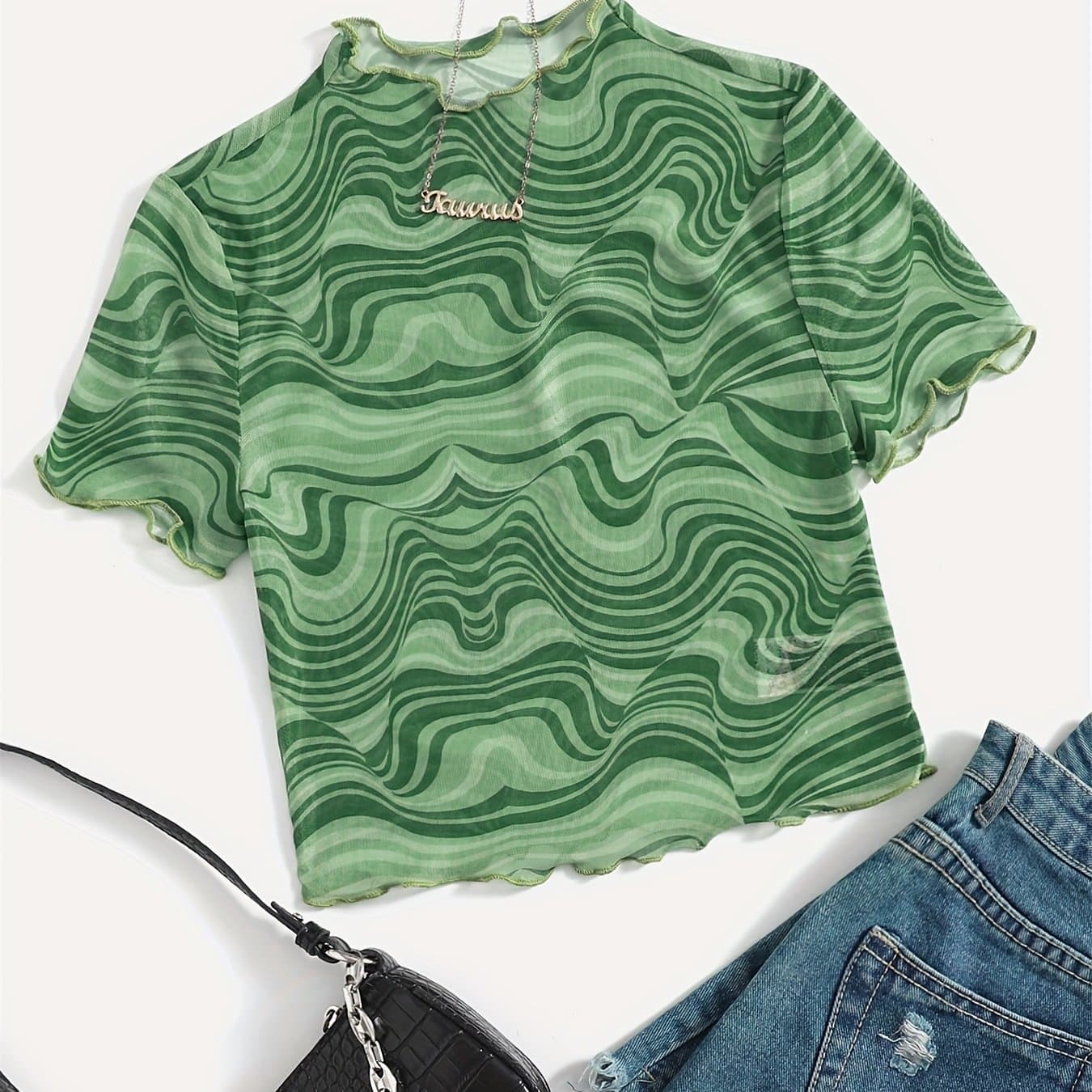 TEMU Lettuce Trim Mesh Top T-shirt, Spring Summer Women's Clothing