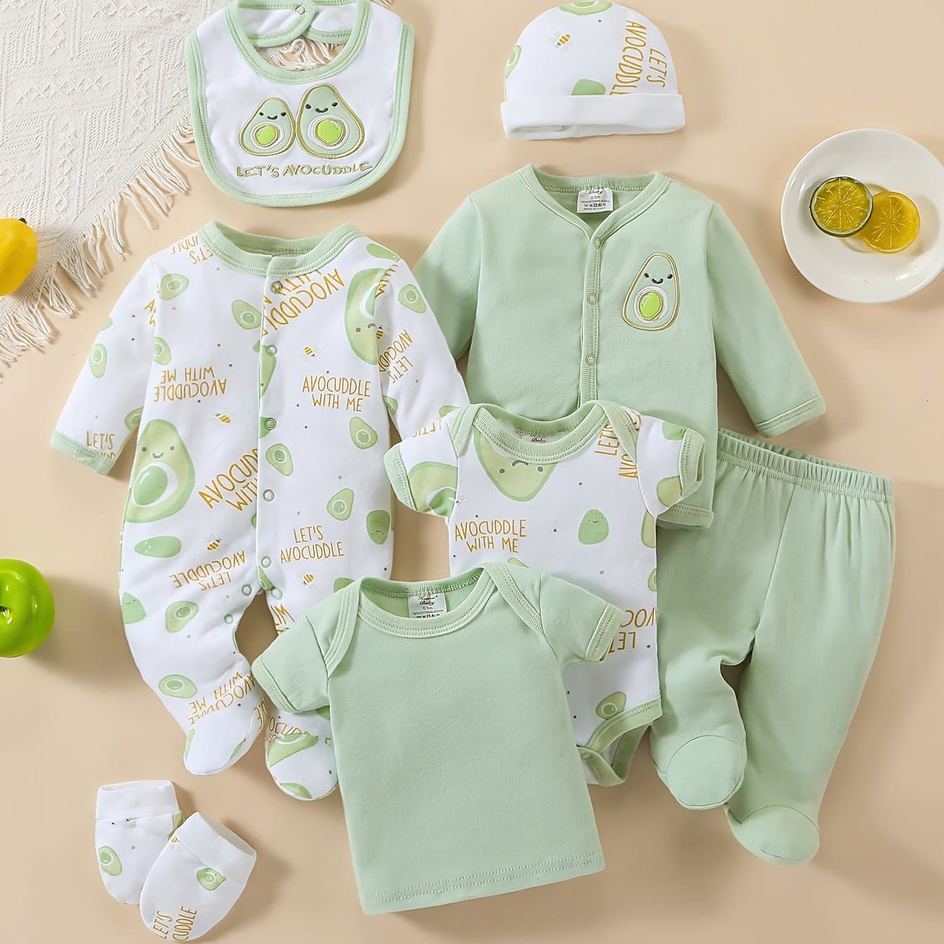 TEMU 8pcs & Unisex Outfit Suit - Soft Avocado Print Romper, Matching Hat, Bib, Pants, Coat & More | - Clothing (machine Washable) | 8pcs For 8pcs Set, Perfect For Outdoor