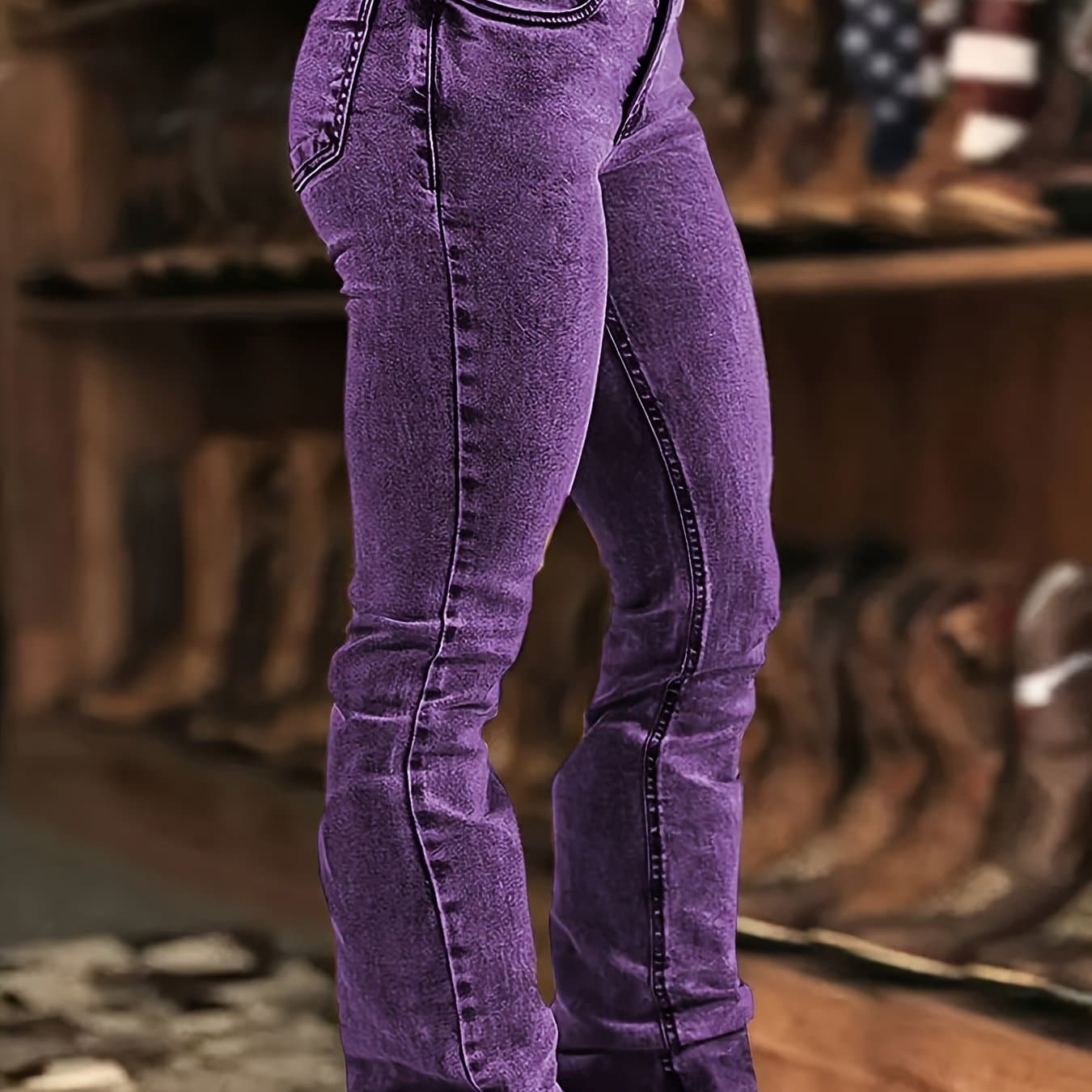 TEMU Women's Colored Cow Fashion Stretch Brown Retro Washed Denim Horseshoe Micro Pull Pants