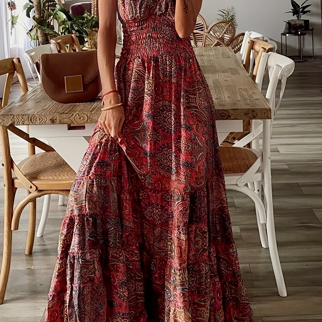 TEMU Paisley Print Ruched Trim V-neck Dress, Short Sleeve Shirred Waist Maxi Dress For , Women's Clothing