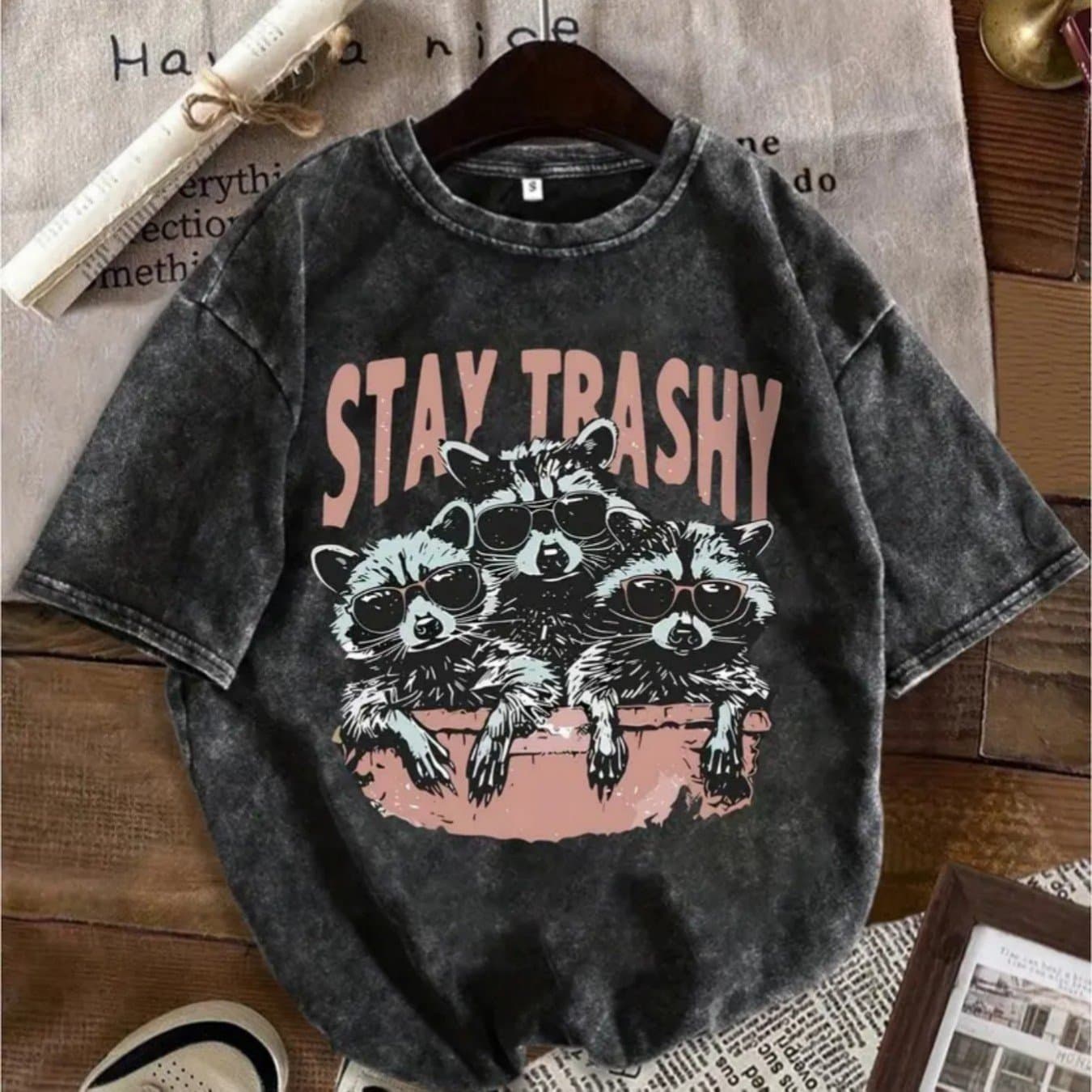 TEMU Washed T-shirt - Women's Summer Fun Short Sleeve T-shirt - Cartoon Raccoon And Letter Print, Loose Fit, Fabric, Casual Washed Style, With "stay " Lettering