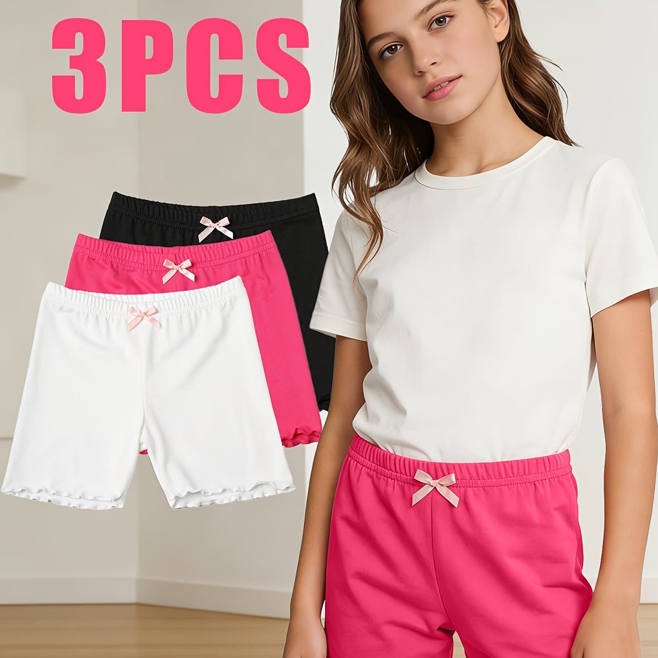 TEMU 3pcs Girls' Safety Panties, Pink/white/black Ruffle Trim Bow Anti-peek Shorts For Girls, Perfect For Outdoor