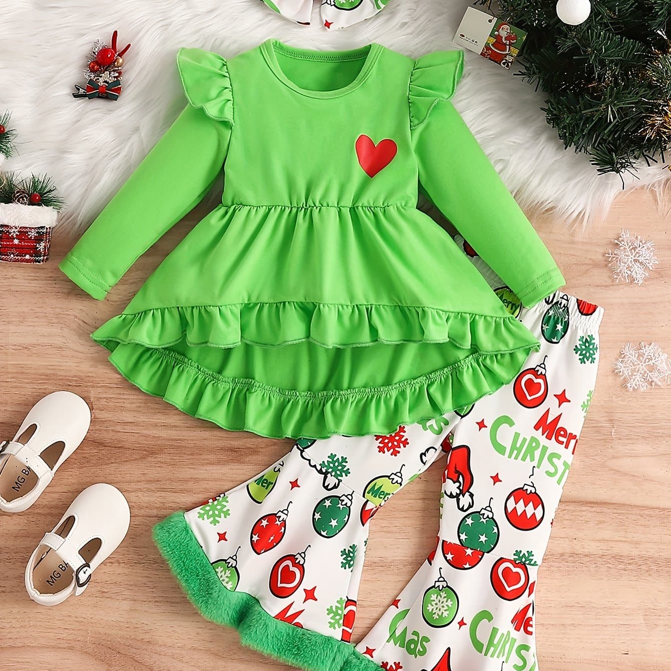 TEMU Viworld Toddler Baby Girls Christmas Clothes Little Girl Ruffle Long Sleeve Heart Print Tops Dress Christmas Ball Print Pants With Headband 3pcs Fall Winter Outfits Set, Perfect For Outdoor