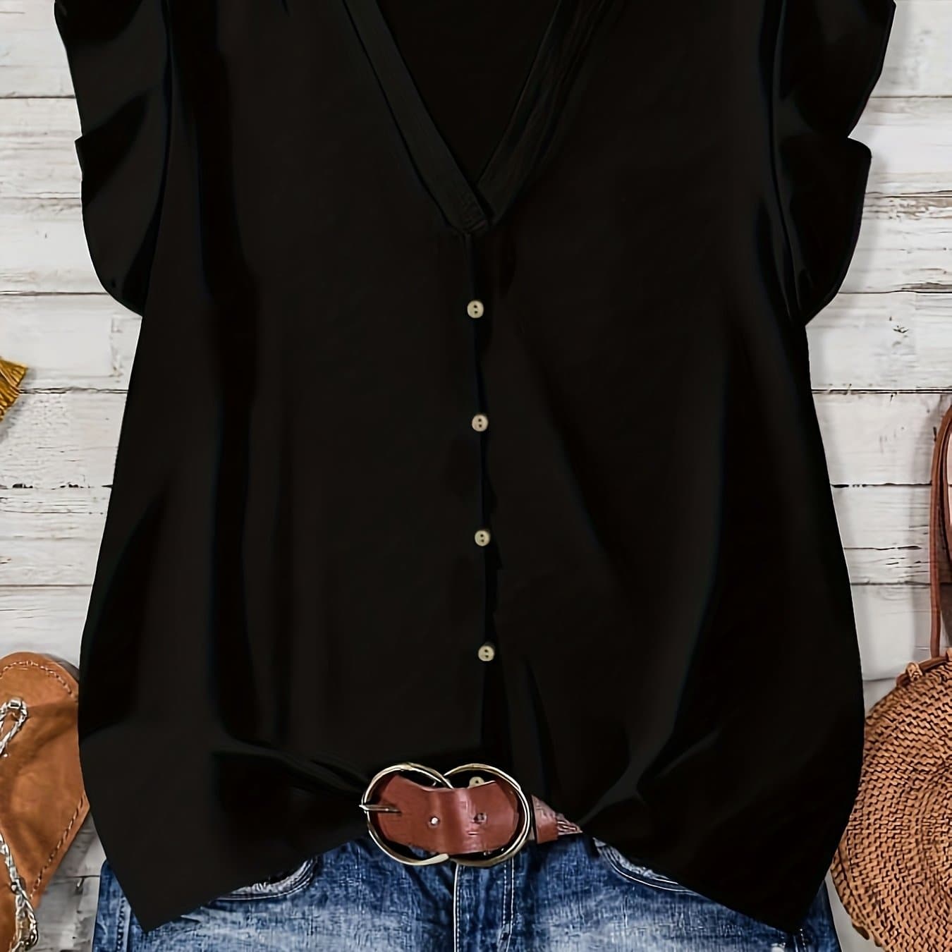 TEMU New Summer Solid Color V-neck Pullover Casual Wear Elegant Top