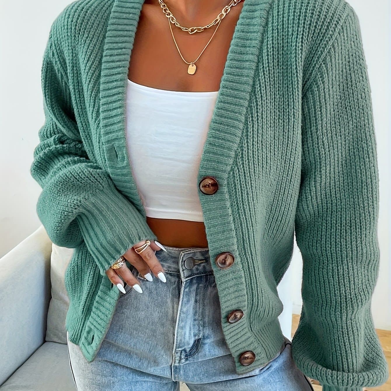 TEMU Women's Casual Daily Wear Solid Color Simple Loose V-neck Button Long Sleeve Cardigan For Autumn And Winter