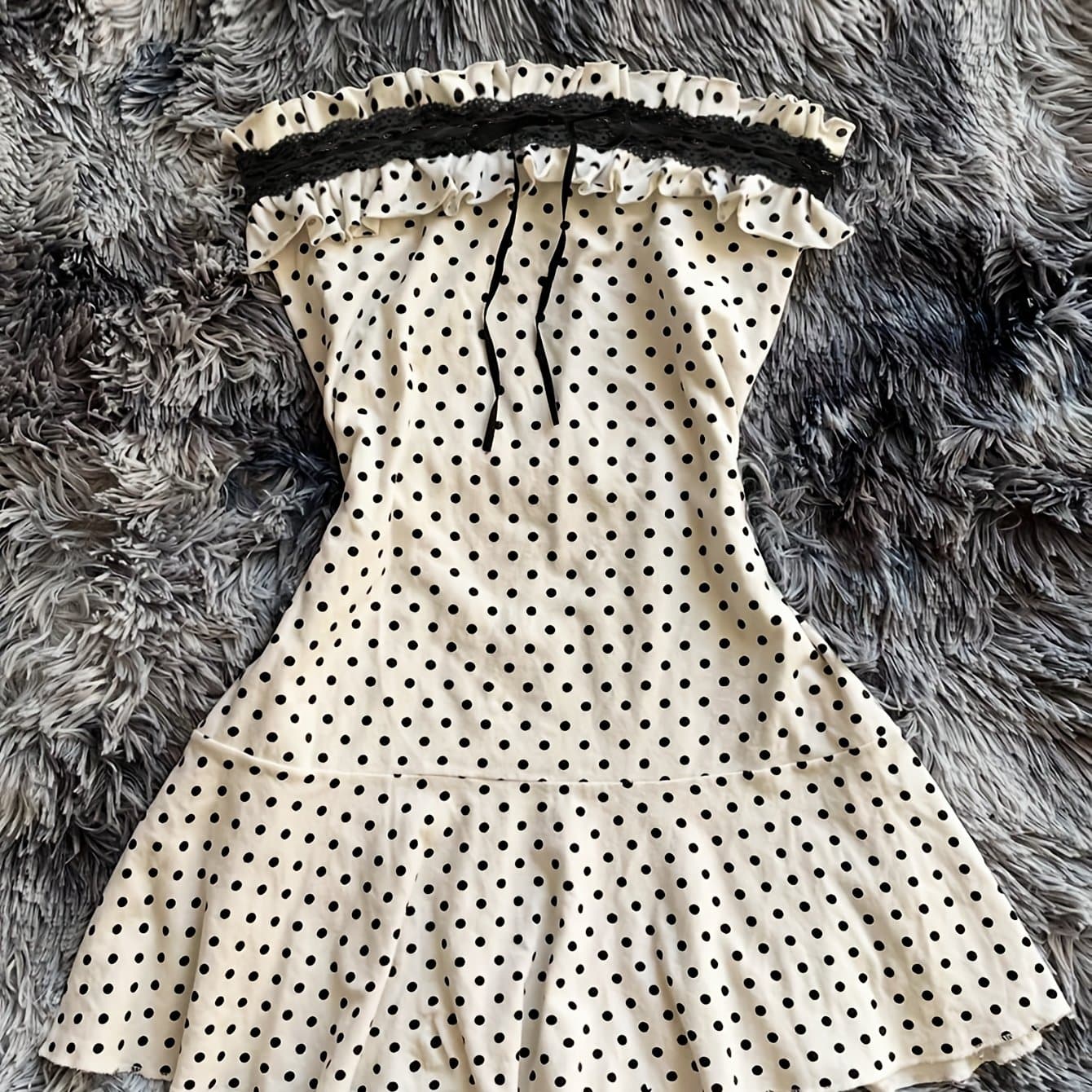 TEMU Women's Ruffle Trim Polka Dot Lace Strapless Mini Dress