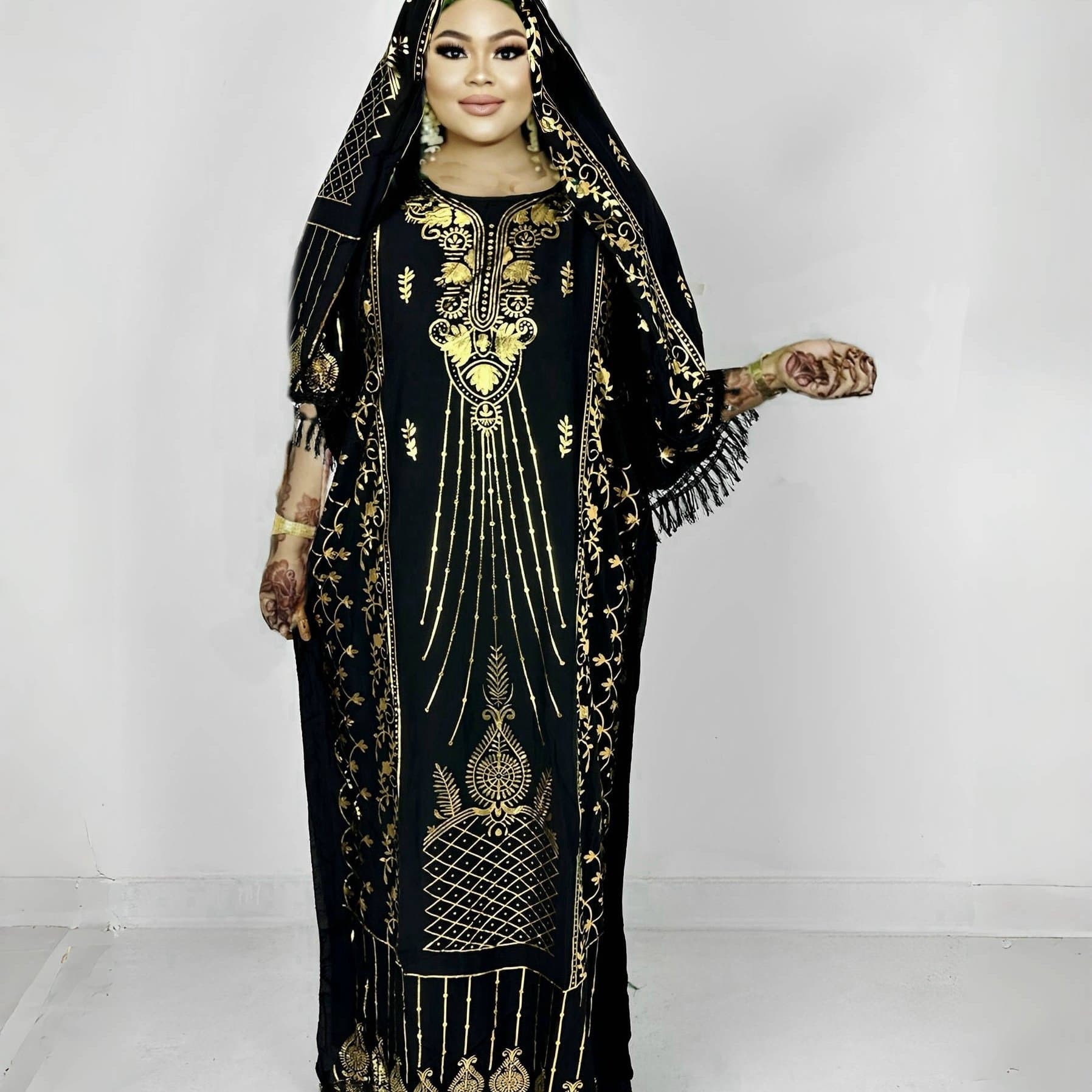 TEMU Plus Size - Plus Size - Middle Eastern Long Robe And Scarf | Non-stretch Geometric-pattern Kaftan, Wear