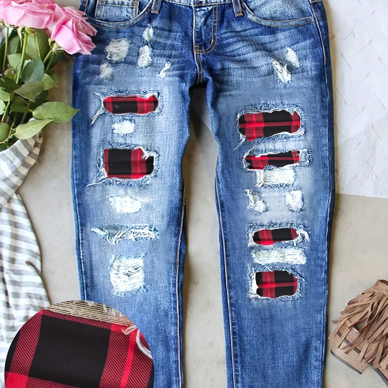 TEMU Ladies' Denim Trousers Featuring Blue-washed Holes, A Red Plaid Patch, Diagonal Pockets, And A Fitted Design Suitable For Casual College Style