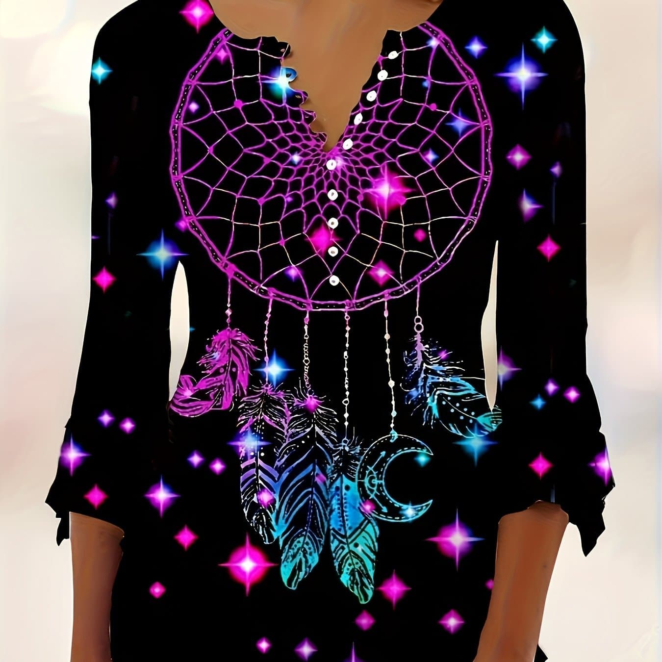 TEMU Spring And Autumn Colorful Print V-neck T-shirt With Button- Decoration And Irregular Sleeves