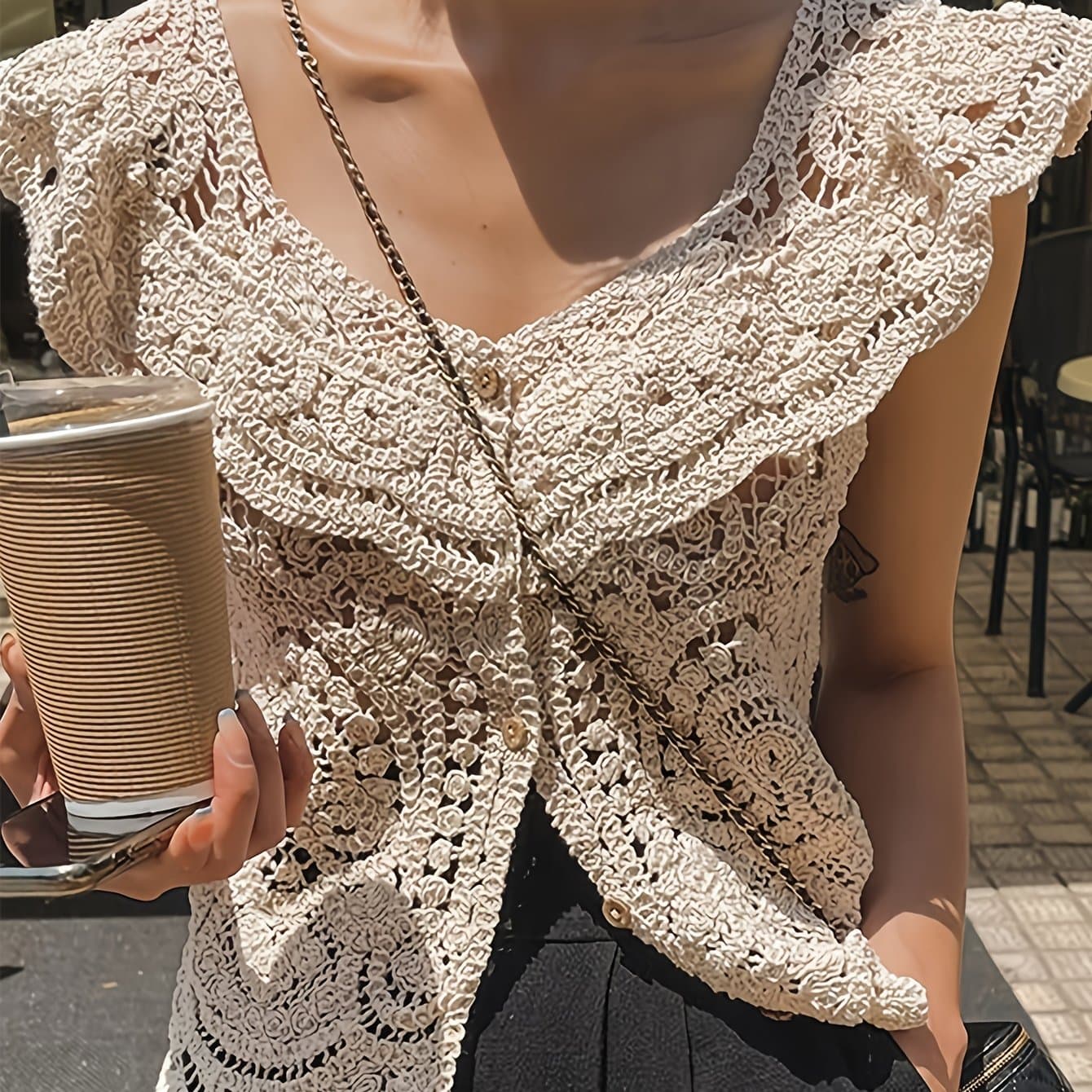TEMU Korean Style Spring Summer New Women's Sexy Low-neck Round Neck Lace Trim Crochet Hollow Short Sleeve Sweater Hollow Short Sleeve Cardigan Top