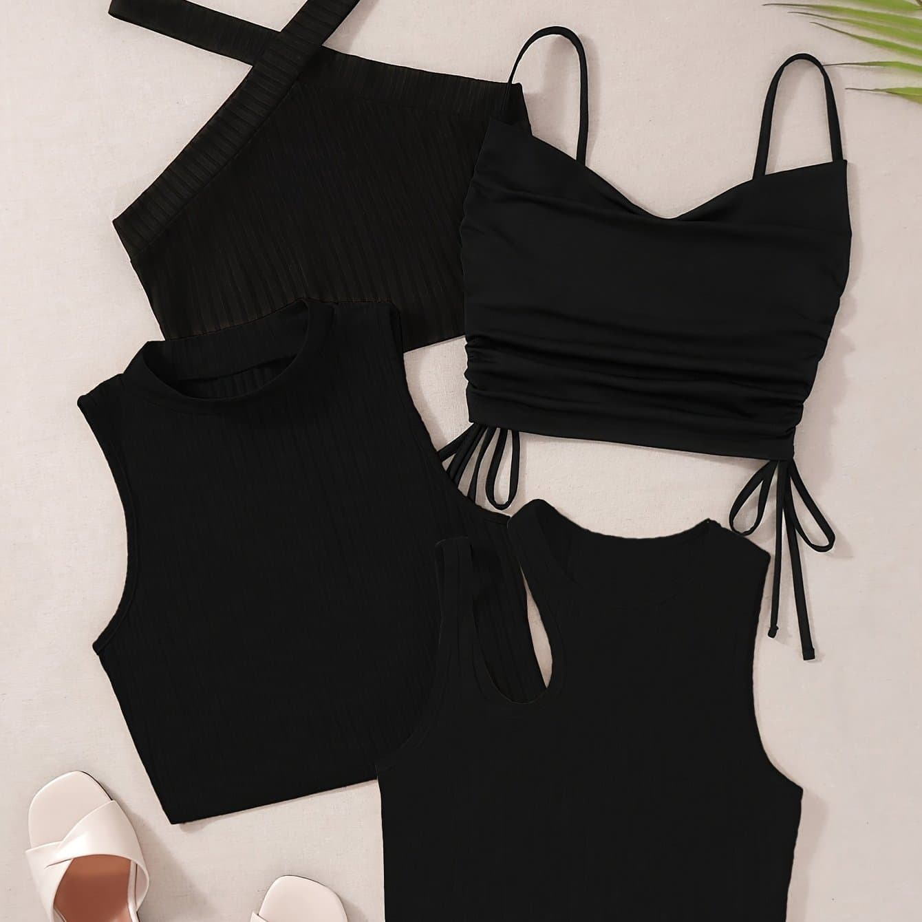 TEMU Spring/summer 4-piece Set Ribbed Eyelet Drawstring Cropped Tank Camisole, Summer Fashion Casual Sleeveless Inner Top