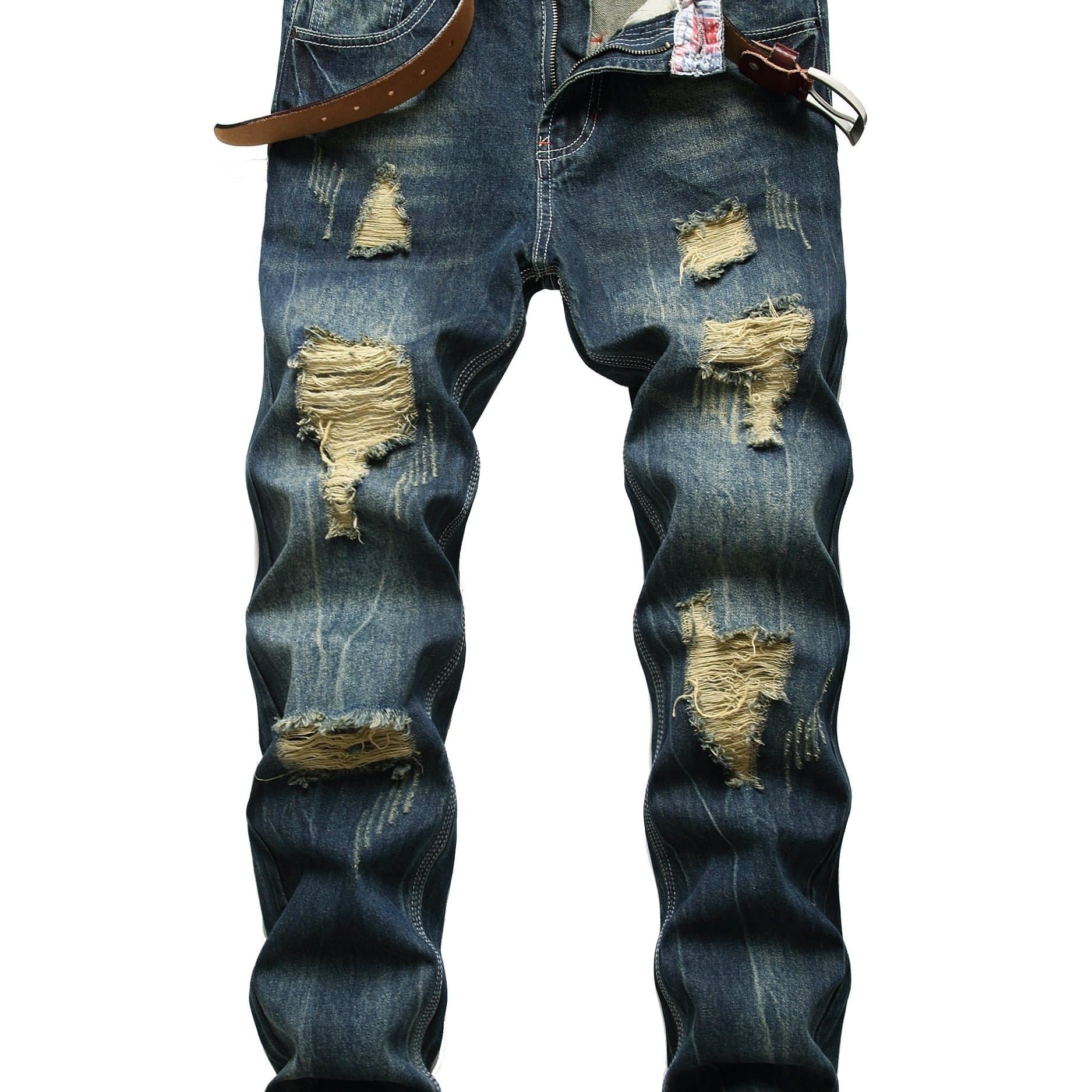 TEMU Men's Dark Blue Ripped Jeans Without Elastic Slim Casual