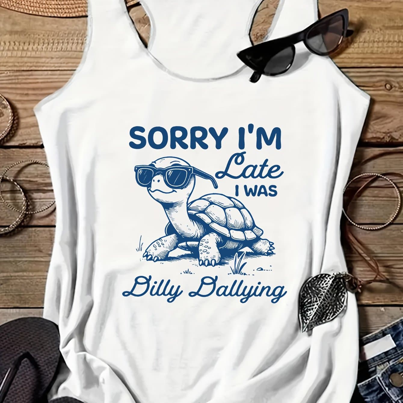 TEMU White Humorous Patterned Vest With The Words' Sorry For Being Late 'printed On It - Casual Polyester Sleeveless, Suitable For Casual Wear, Machine Washable, Lightweight And Comfortable