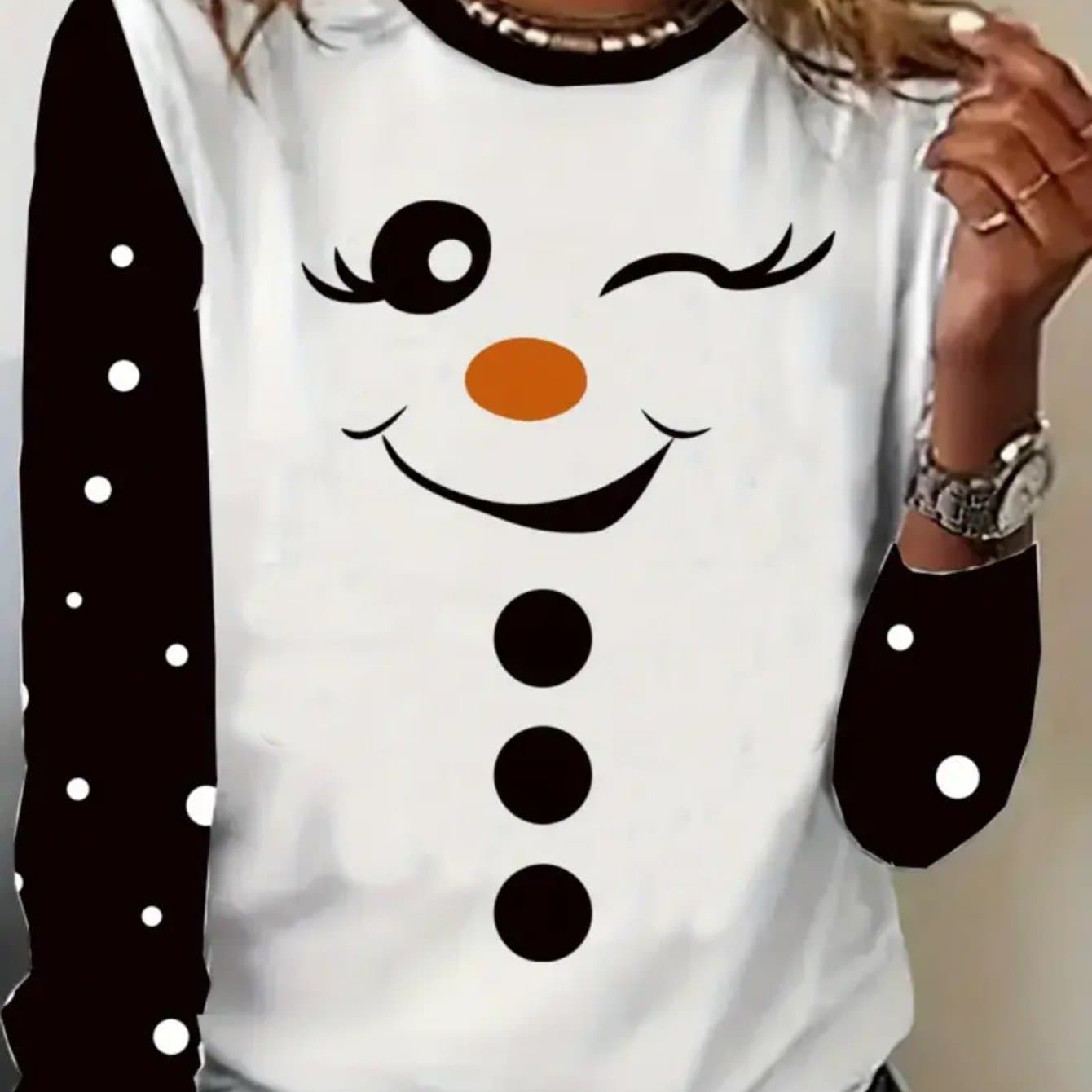 TEMU 3d Women's Christmas Snowman Graphic Long Sleeve Casual T-shirt - Soft Medium Stretch Fabric, Round Neck, Relaxed Fit, Comfortable Wear - Perfect For Daily Life, Work, Or Leisure