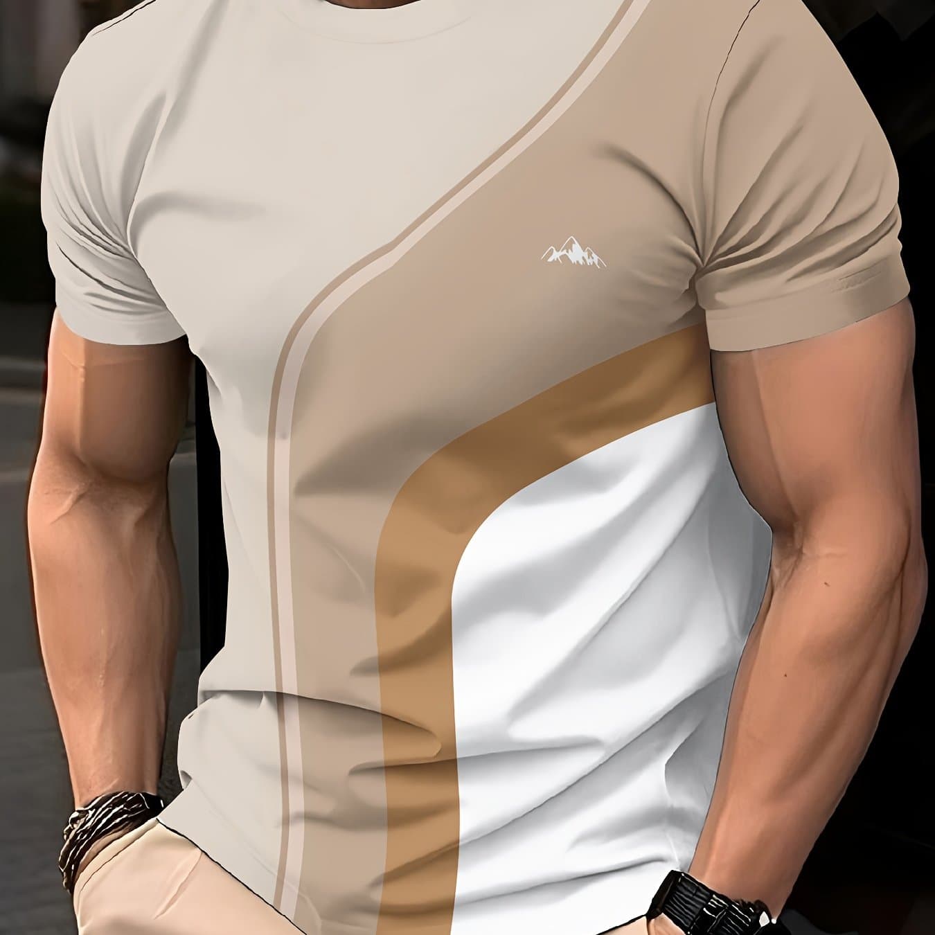 TEMU Men's Casual Print Round Neck Beige T-shirt Men's Clothing
