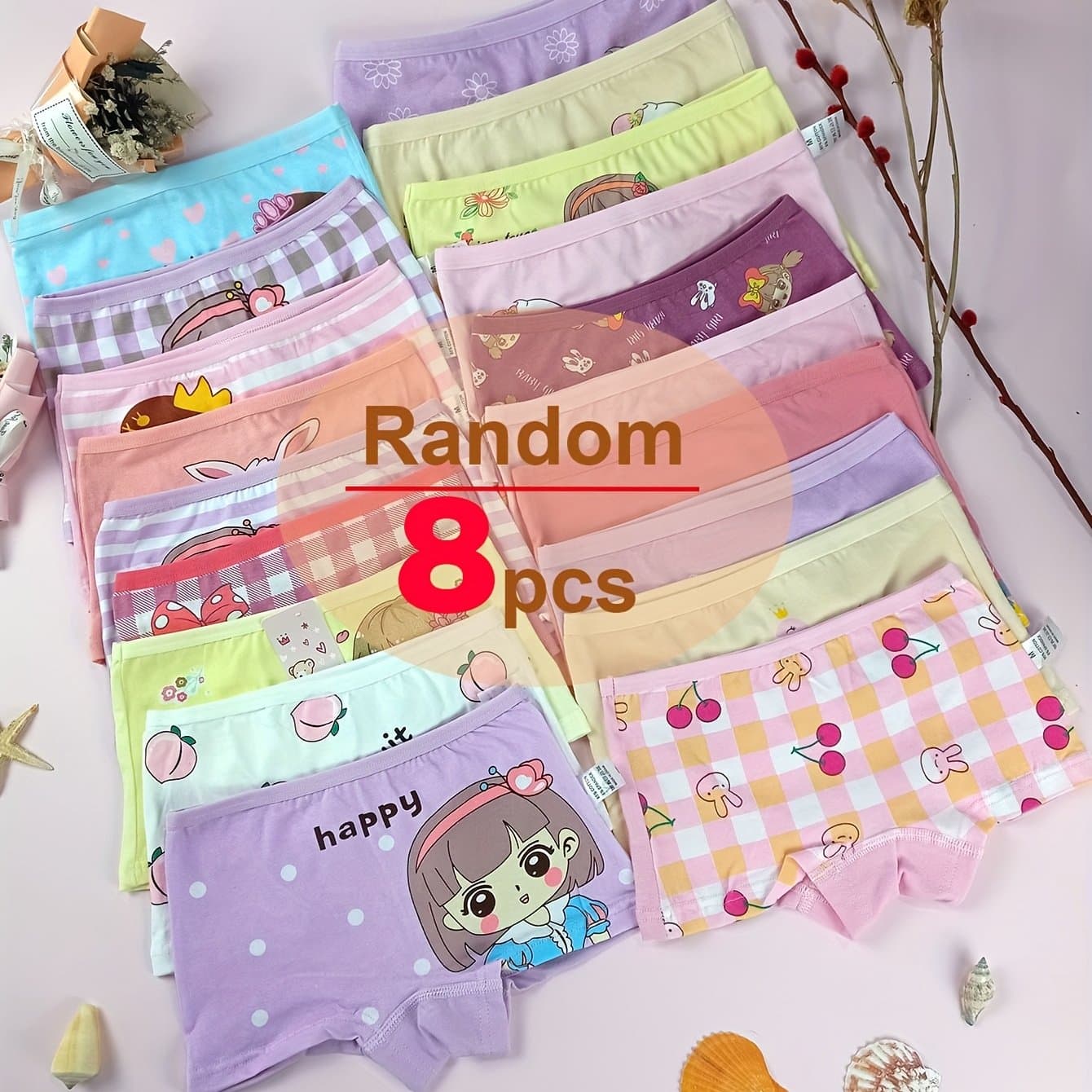 TEMU 8pcs Vifine ' Boxer Briefs - Soft, Cute, And Comfortable 95% Cotton Cartoon Underwear For Little Girls, Random Colors, , ' Underwear | Design | Stretchy Fabric