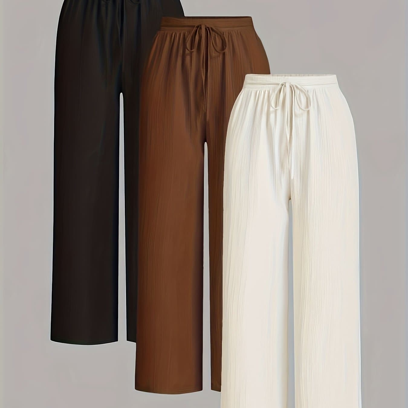 TEMU 3pcs Elegant Wide-leg Pants - Solid Color Lightweight Summer Trousers With Wide Leg Opening & Drawstring Waist, Machine Washable Non-stretch For Casual, Office, Semi-formal Wear (3pcs)