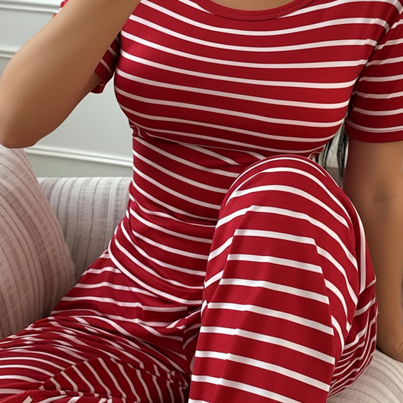 TEMU Women's Red And White Striped Round Neck Short Sleeve Top And Long Pants Casual Pajama Set