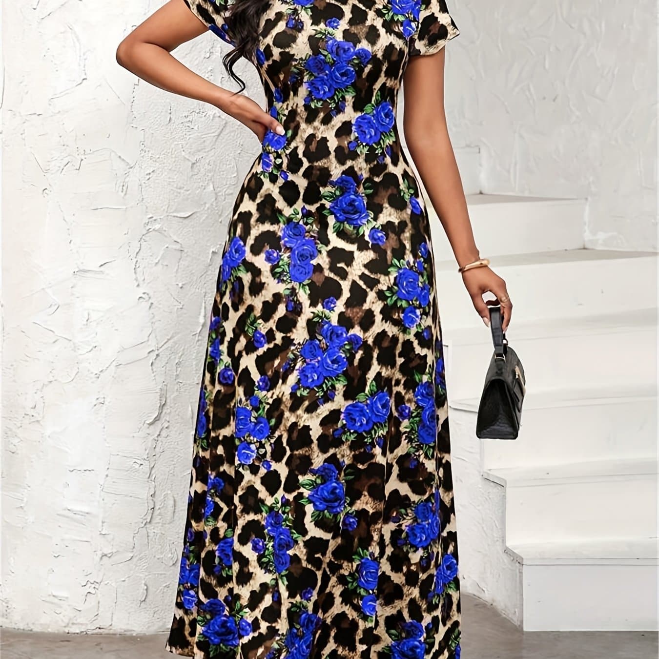 TEMU Elegant Short-sleeve A-line Dress Suitable For Summer Parties & - Round Neck Flattering Fit Dress, Machine Washable Party Dress
