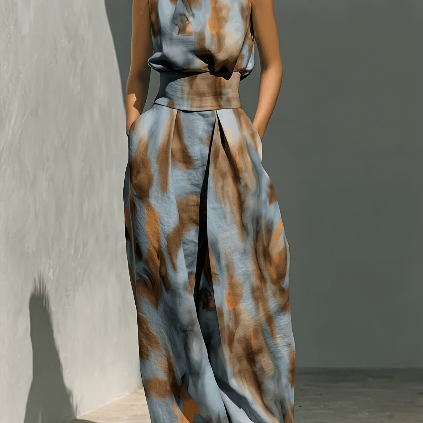 TEMU Tie-dye Print High Neck Sleeveless Top + Matching Wide-leg Pants Women's Set | Artistic Edgy Charm, Perfect For Daily Street Style & Casual