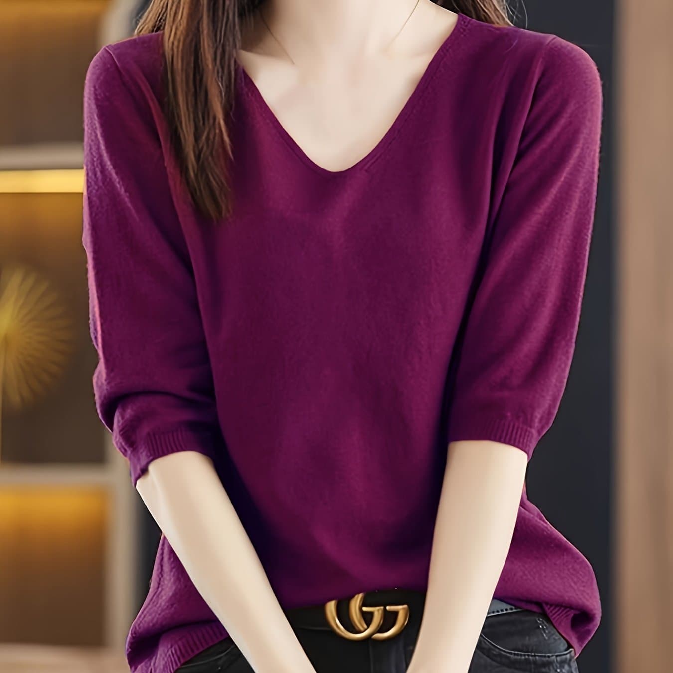 TEMU New Solid Color Straight Shoulder Top V-neck Fabric Easy Versatile