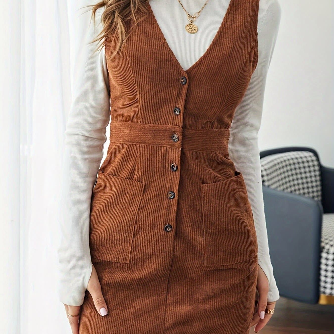TEMU Brown Single-breasted Patch Pocket Corduroy Short Dress