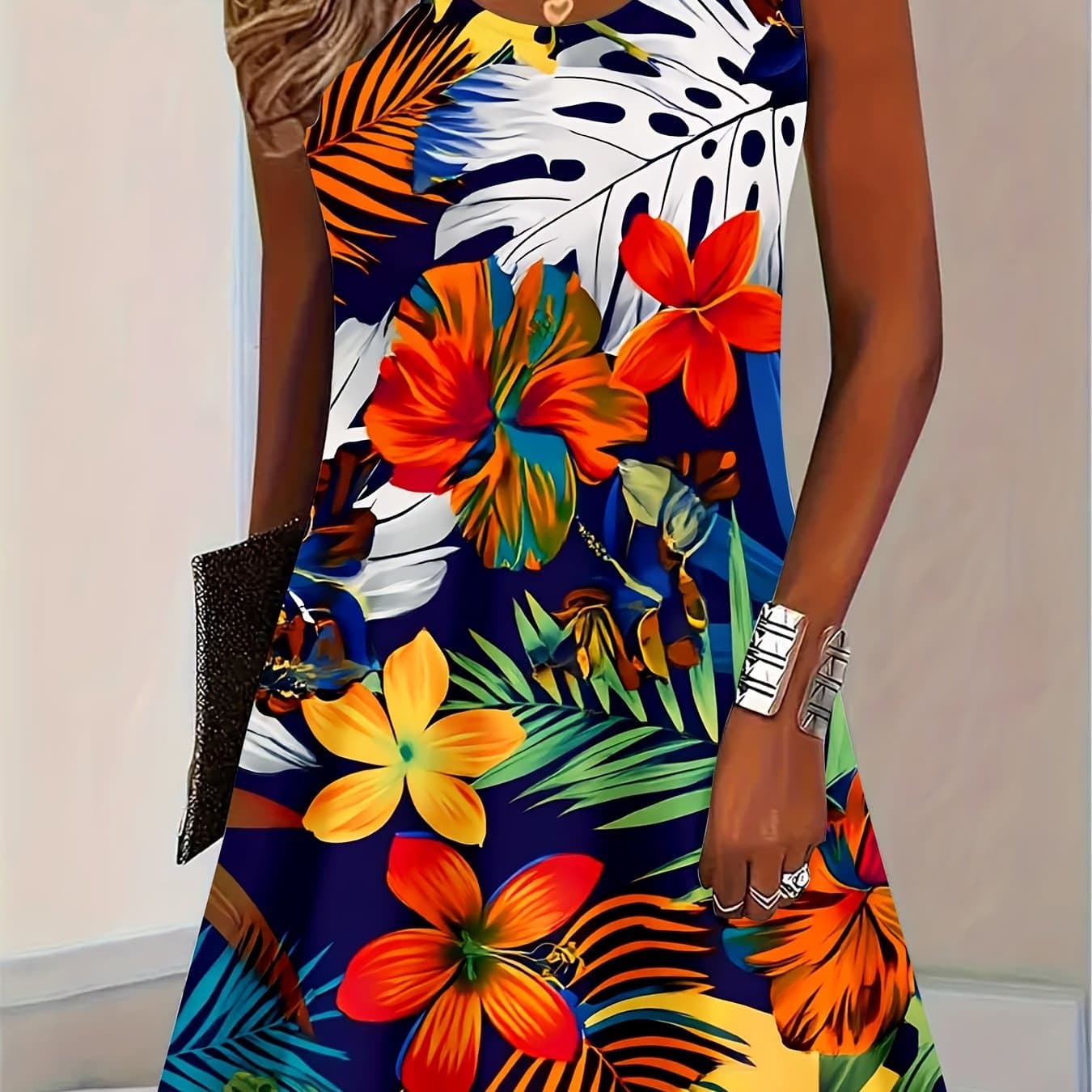 TEMU Women Tropical Floral Print Sleeveless Dress | Beach Casual Wear, Crew Neck, Slight Stretch Fabric, All