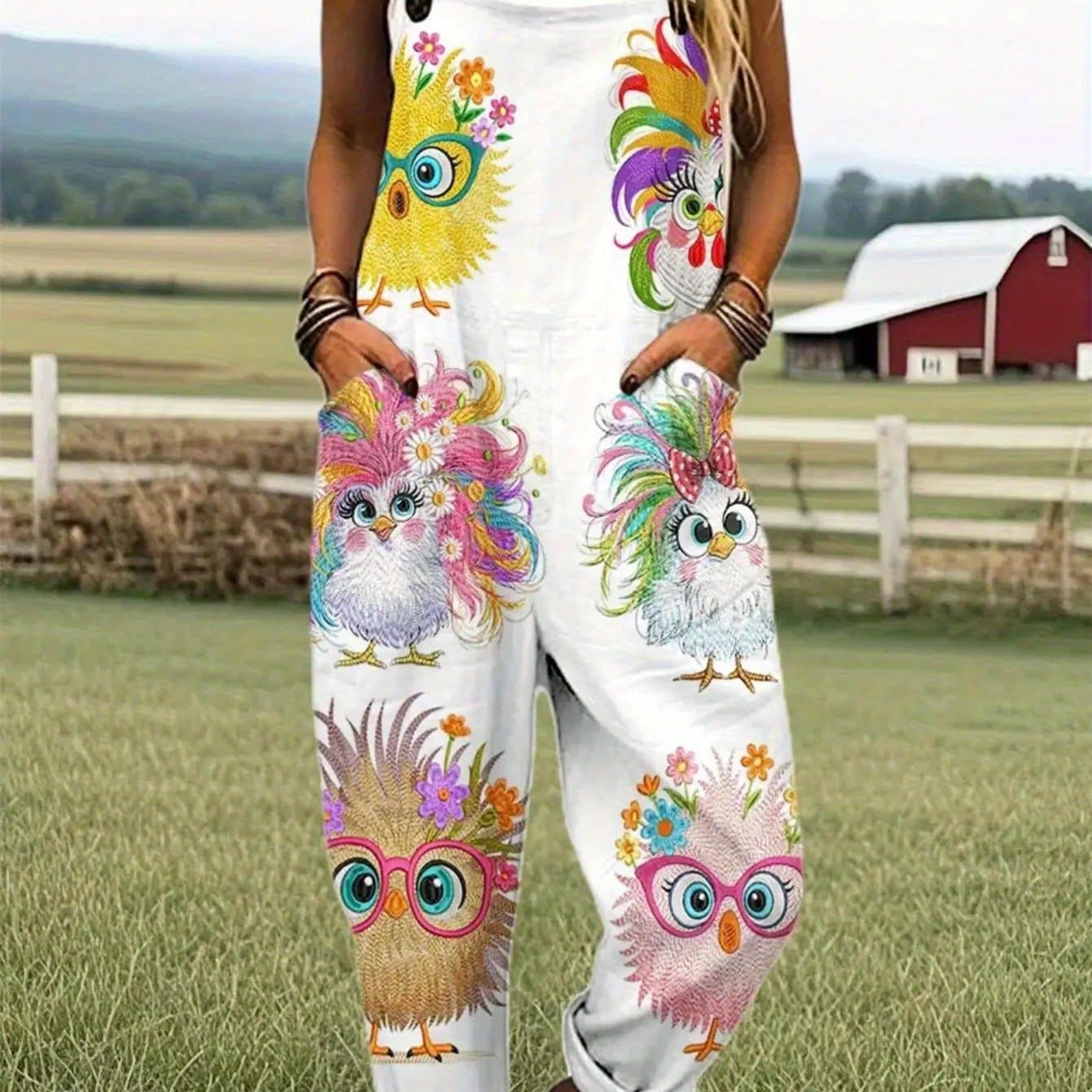 TEMU Women's Summer Printed Overalls, Cartoon Chicken Pattern Loose Fit Casual Jumpsuit, Machine Washable