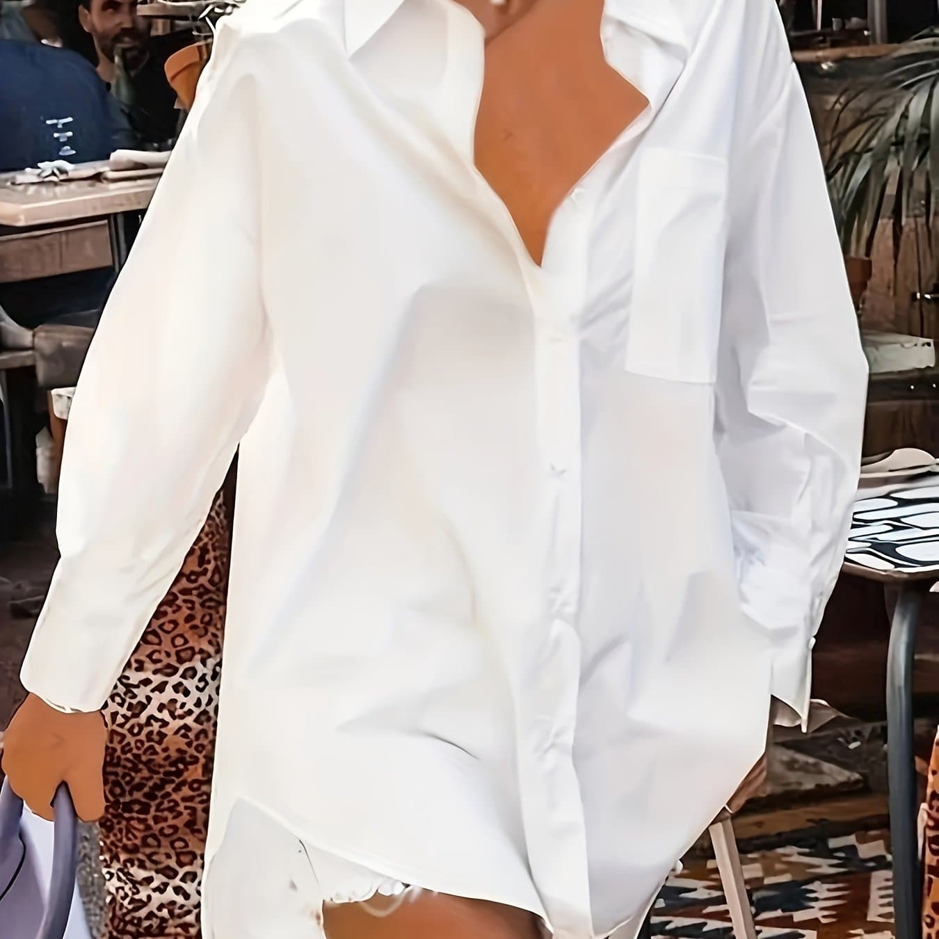 TEMU Solid Button-up Collar Shirt, Elegant Casual Oversized Long Sleeve Spring/autumn Style Blouse, Women's Clothing