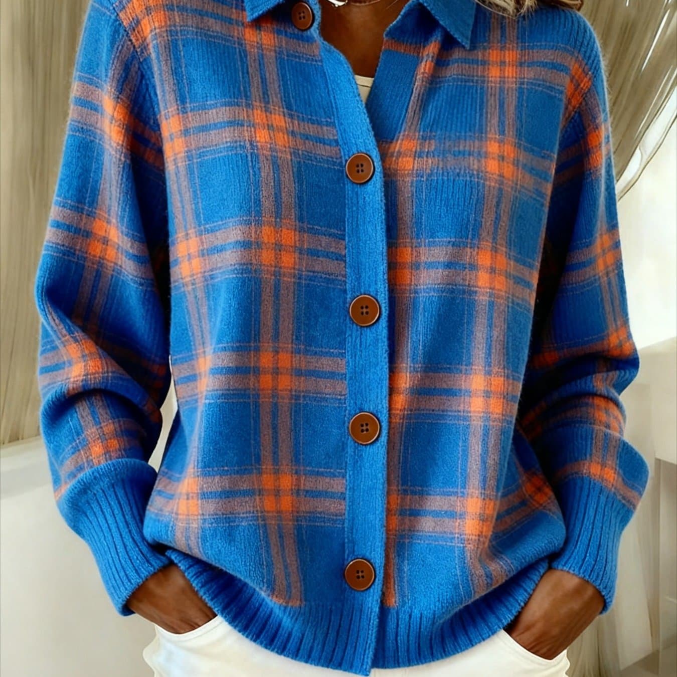 TEMU [2d Flat Pattern] Casual Vintage Women's V-neck Cardigan Striped Print Design Comfortable Women's Long-sleeve Button-up Cardigan For Fall/ Winter, 2d Flat