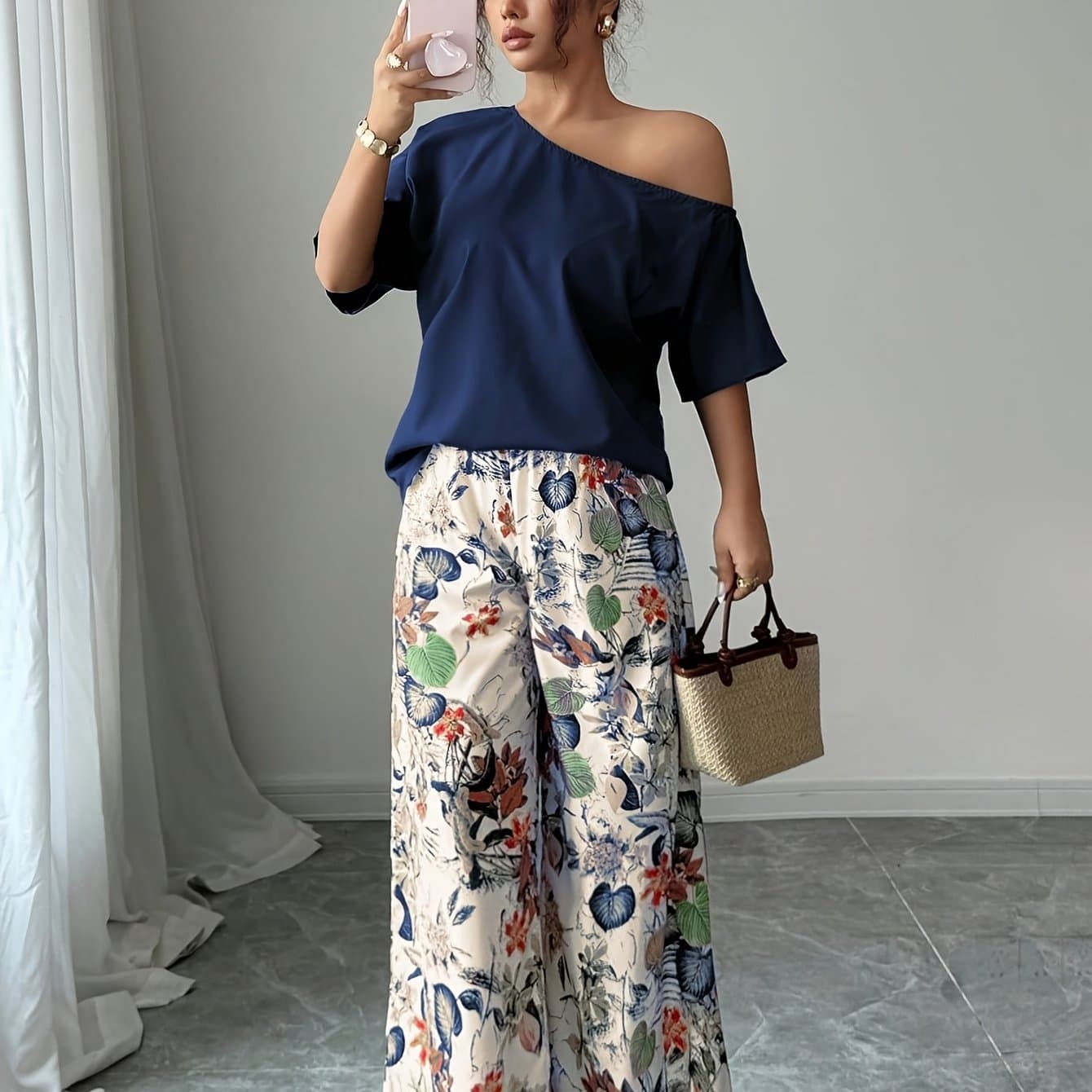 TEMU 2pcs Women's Summer Casual Solid Color Asymmetrical Shoulder Bag And Floral Print Pants Set