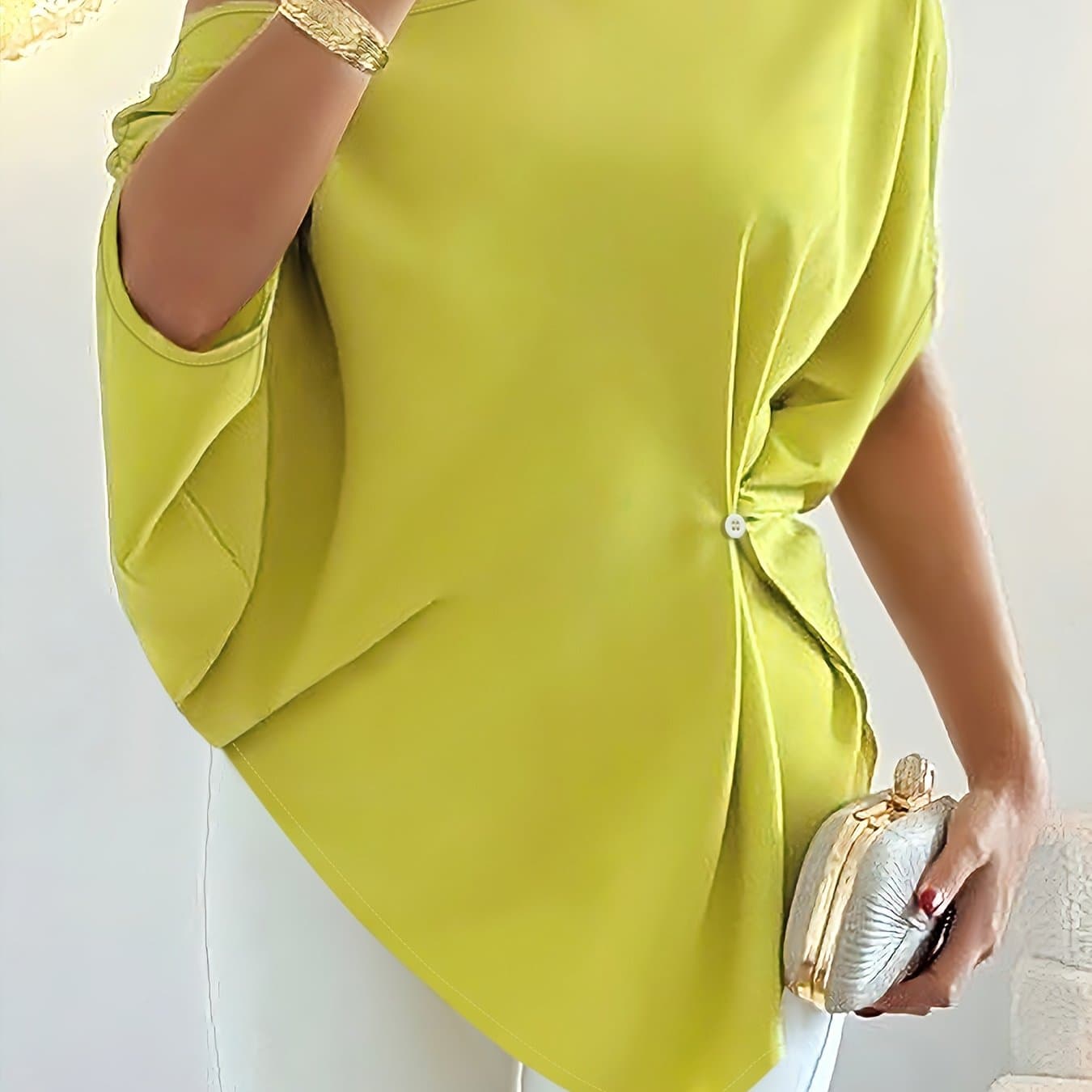 TEMU Urban Minimalist Button-up Shirt, Sexy Off-shoulder Asymmetrical Design, Batwing Sleeve One-shoulder Top