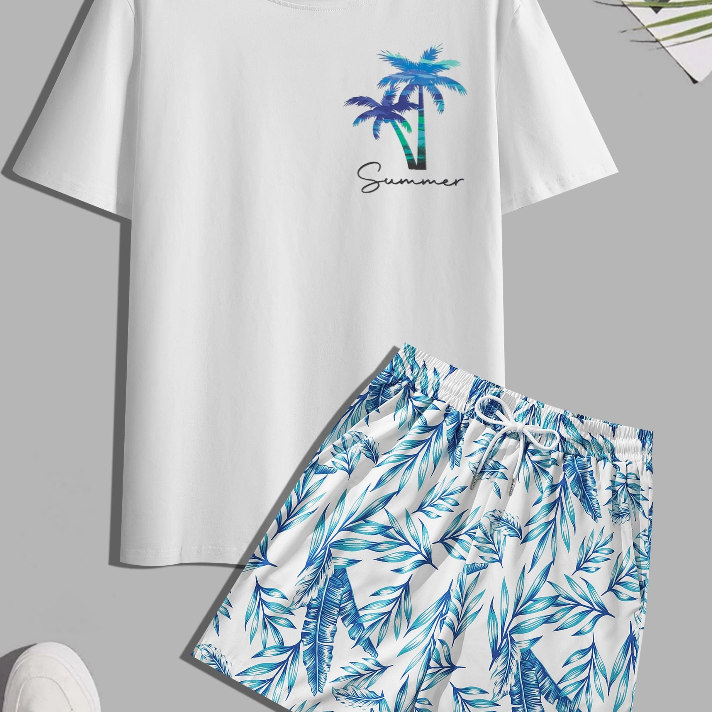TEMU Men's Tropical Coconut Tree Print 2pcs Set: Casual Short Sleeve Tee & Drawstring Beach Shorts - Summer, Poolside & Outdoor Activities