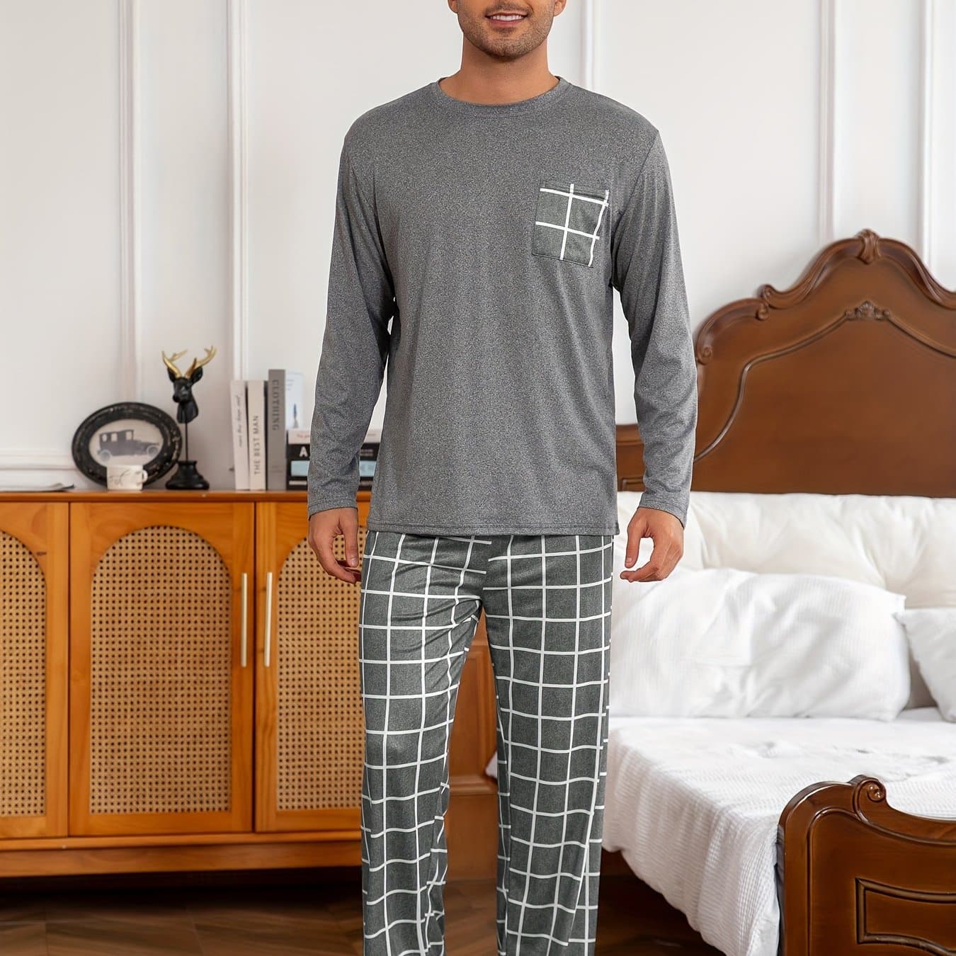 TEMU Men's Dark Gray Long-sleeve Trousers With Pockets, Round-neck Pullover Pajamas Set
