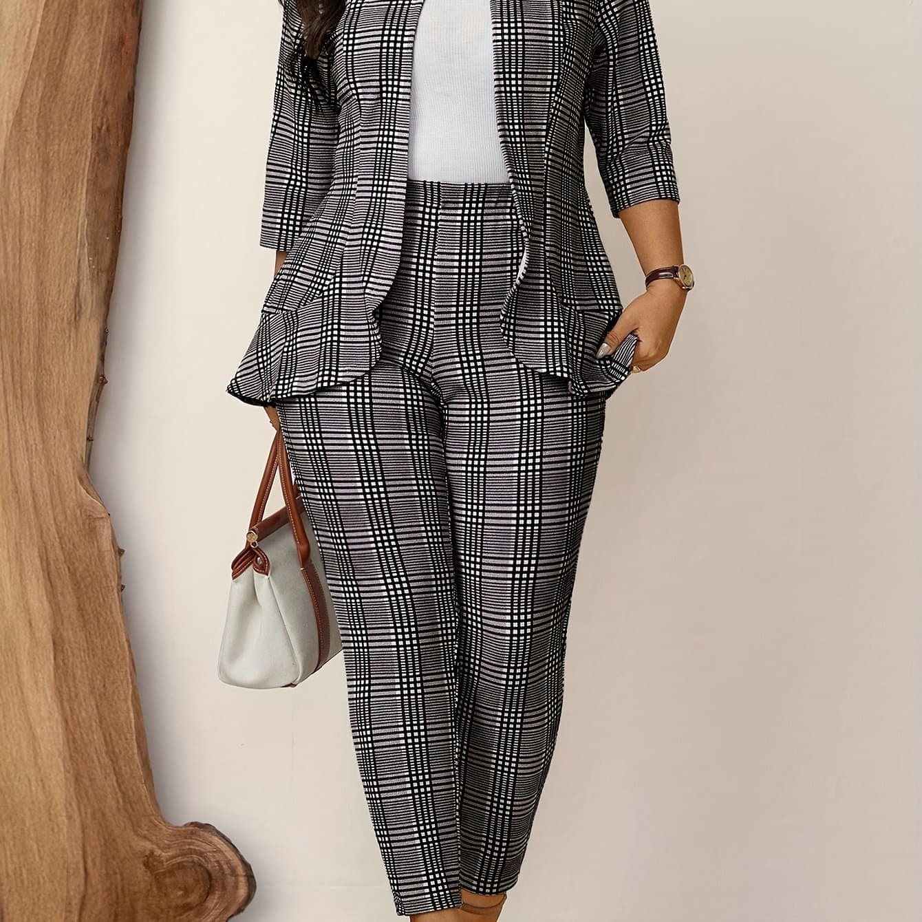TEMU Plus Size Women's - 2pcss 3/4 Sleeve Work Uniform Suit Jacket And Pants Set, Fall Fashion 2pcss Set