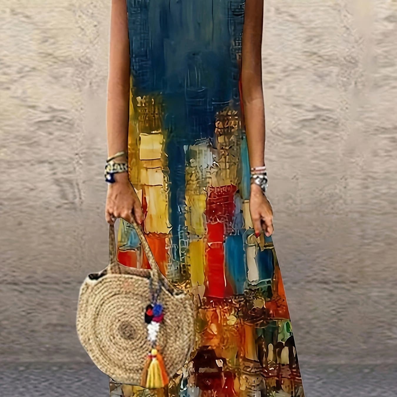 TEMU Women's Casual Long Sleeveless Dress With Geometric Color Block Print - A-line Silhouette, Round Neck, Machine Washable & Medium Stretch For Wear, Outfits, Sleeveless Fashion,