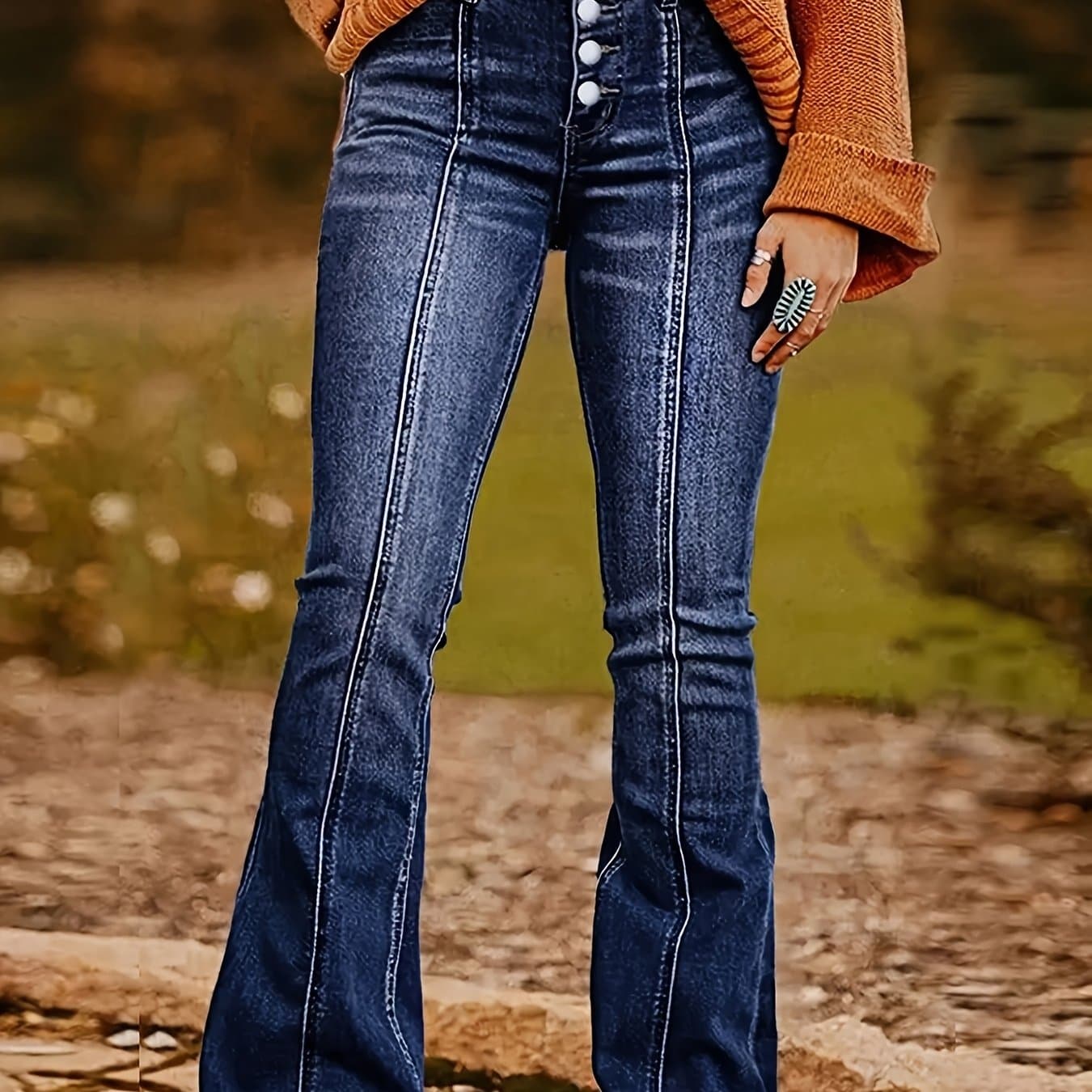 TEMU Women's Slim-fit Stretch Denim Flare Jeans - Vintage Style Bell Bottoms With Button Closure, Comfortable Mid-rise Design, Washed Look, Casual & Fashionable For Casual Attire