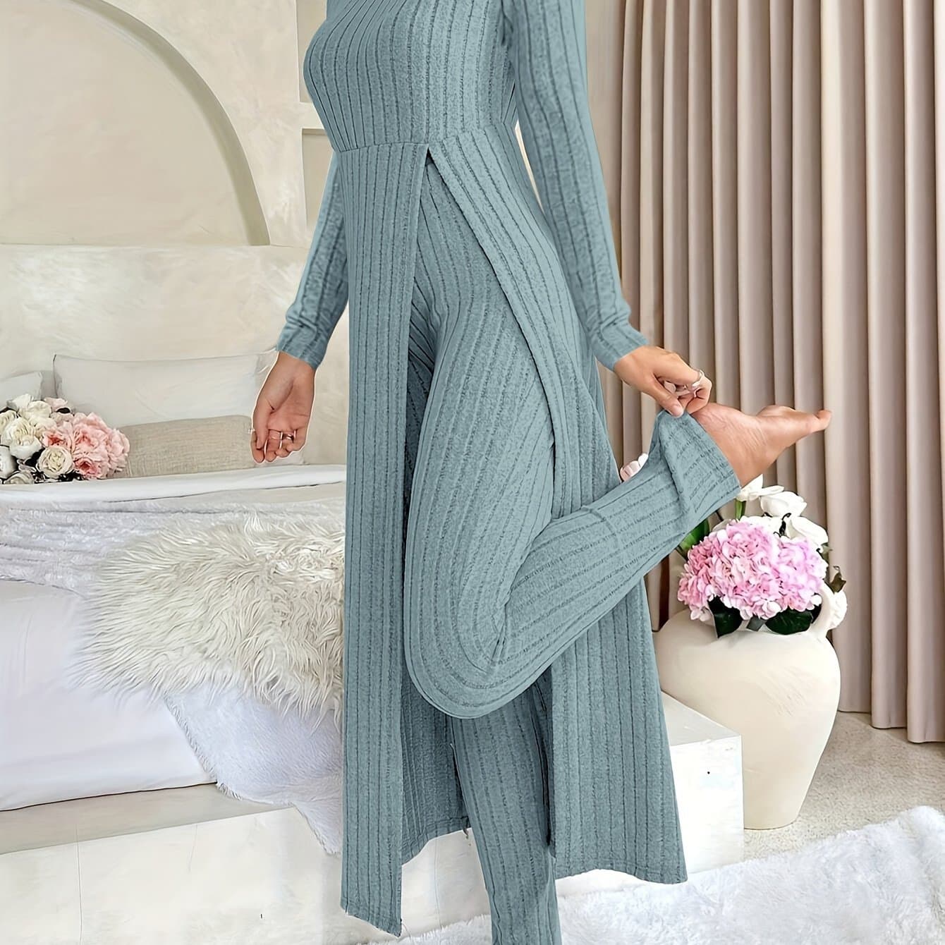 TEMU Women's Ribbed 2pcs Set: Designer Round Neck Split Long Sleeve Top And Pants For Spring And Autumn