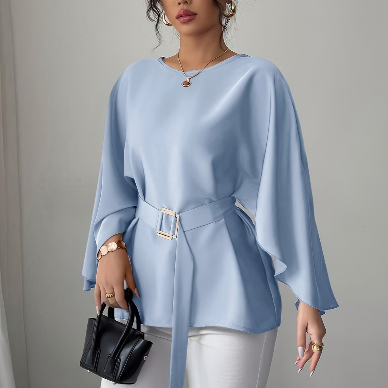 TEMU Dj0518161 Directional Women's Round Neck Long Sleeve Loose Waist Tie Elegant Versatile
