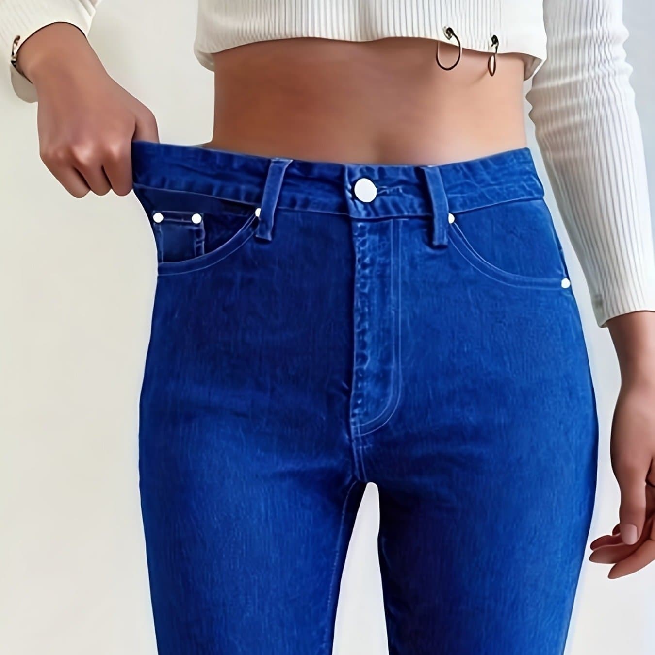 TEMU Women's Low-rise Slim-fit Jeans - High-quality Stretch Denim Fabric, Machine Washable For Spring/summer , Elegant Button Accents,