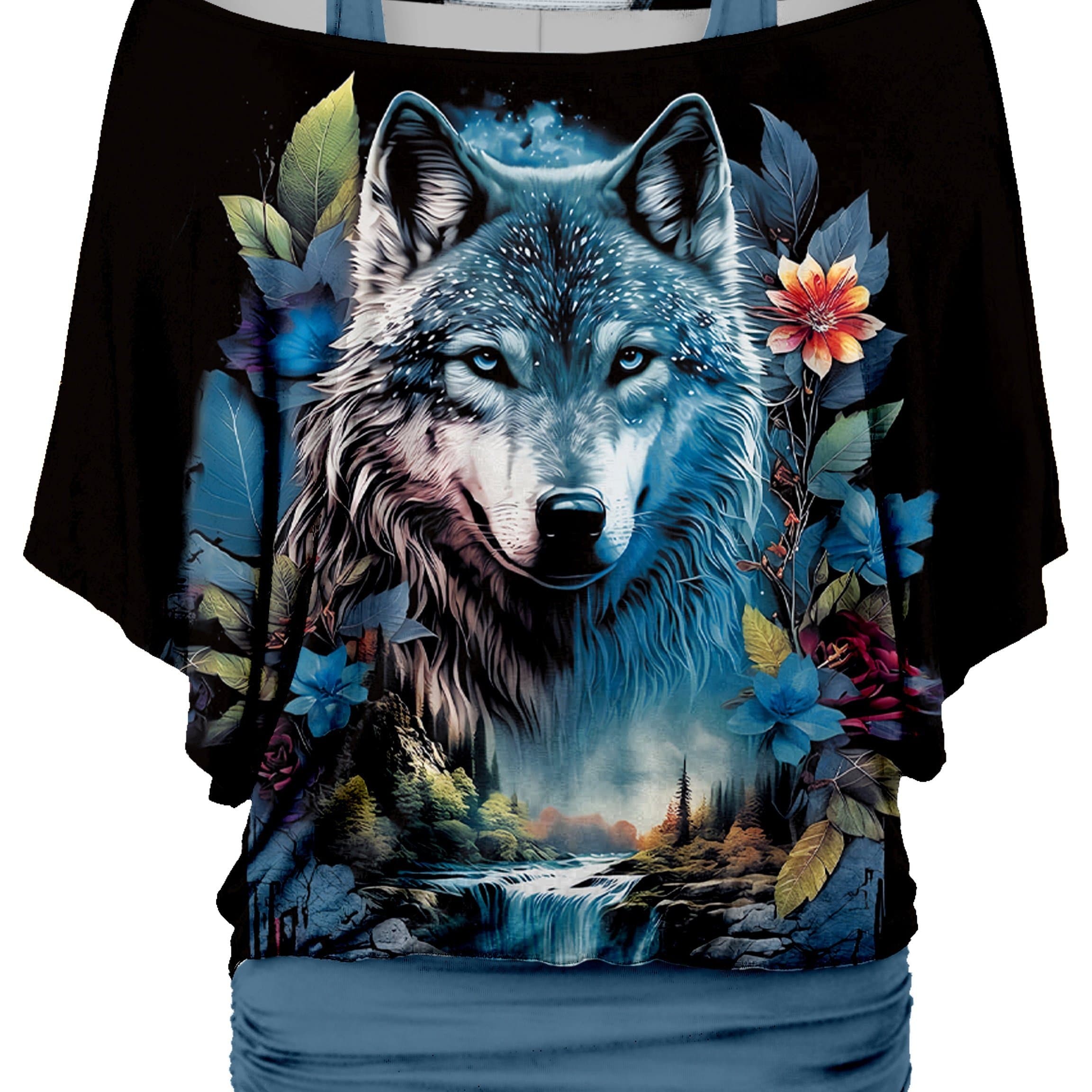 TEMU Women's Wolf Flower Art Design Fake 2pcs -the-shoulder Top