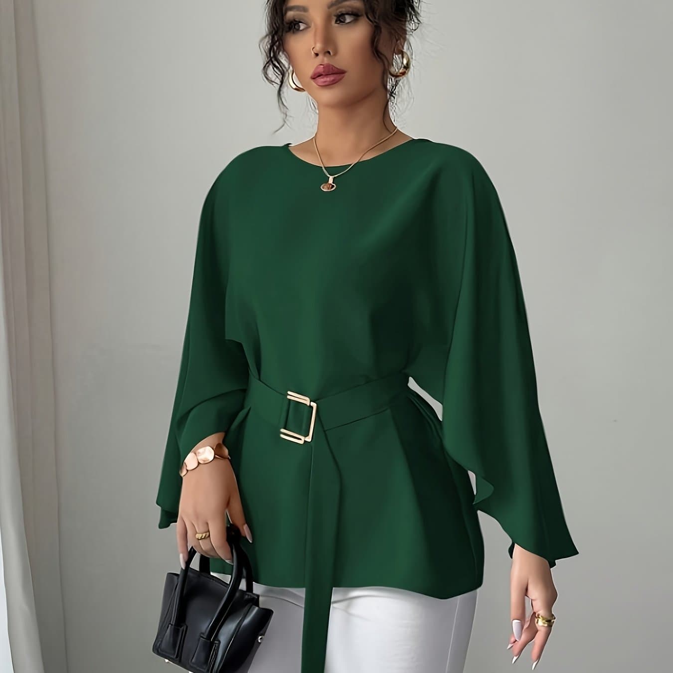TEMU Dj0518161 Directional Women's Round Neck Long Sleeve Loose Waist Tie Elegant Versatile