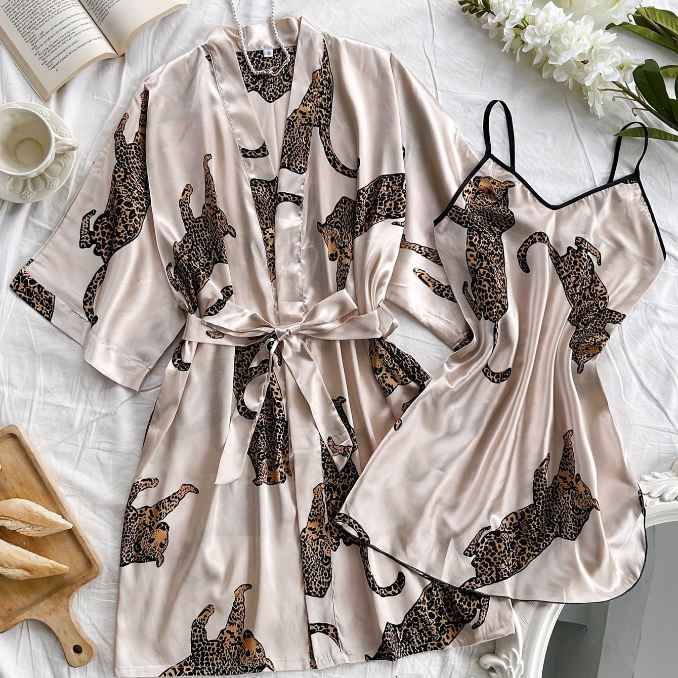 TEMU Leopard Print Autumn/winter New Y Four-season Lace-up Sleep Robe And Nightgown Two-piece Set
