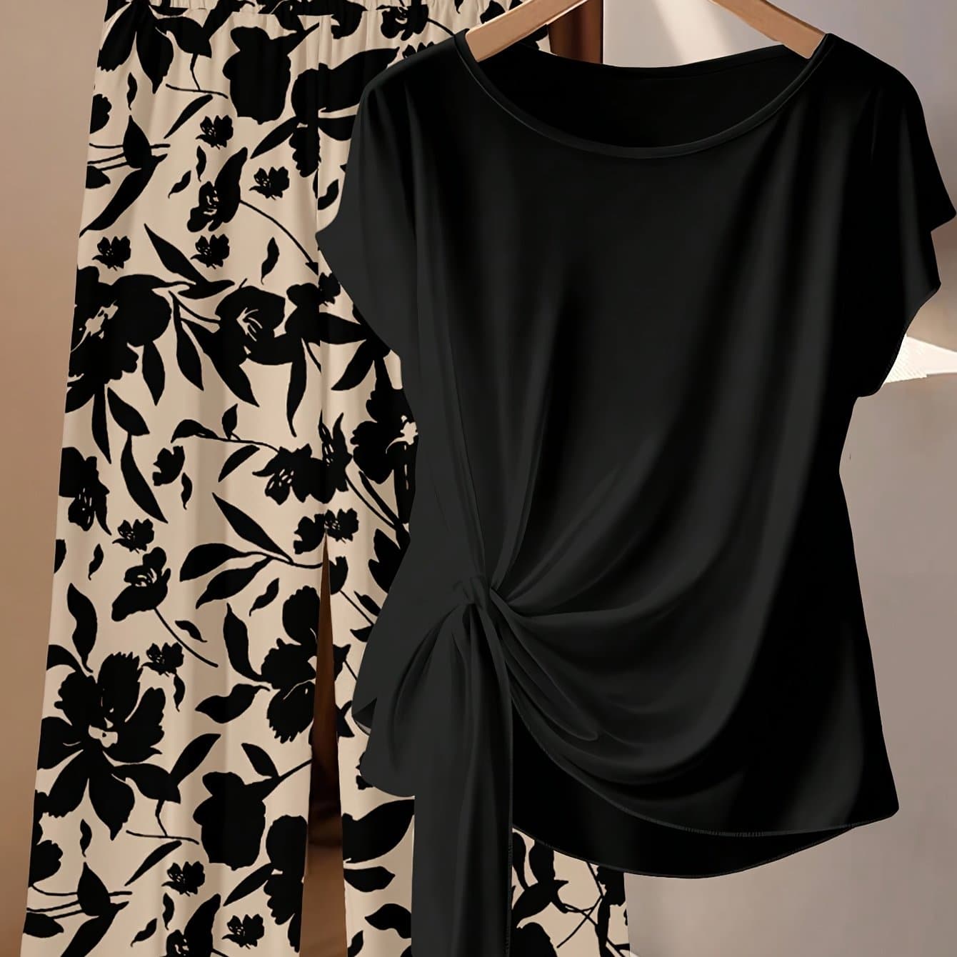 TEMU Plus Size - Plus Size - Plus Size Women's 2pcs Floral Print Top And Casual Pants Elegant Plus Size Outfit Summer Outdoor Wear