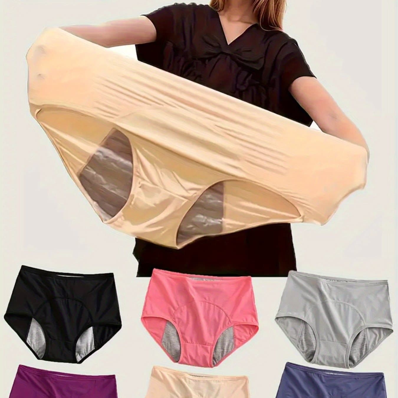 TEMU 6pcs Plus Size Women's Leakproof Period Panties - High Waist, Tummy Control, Stretchy Nylon Blend, Solid Color