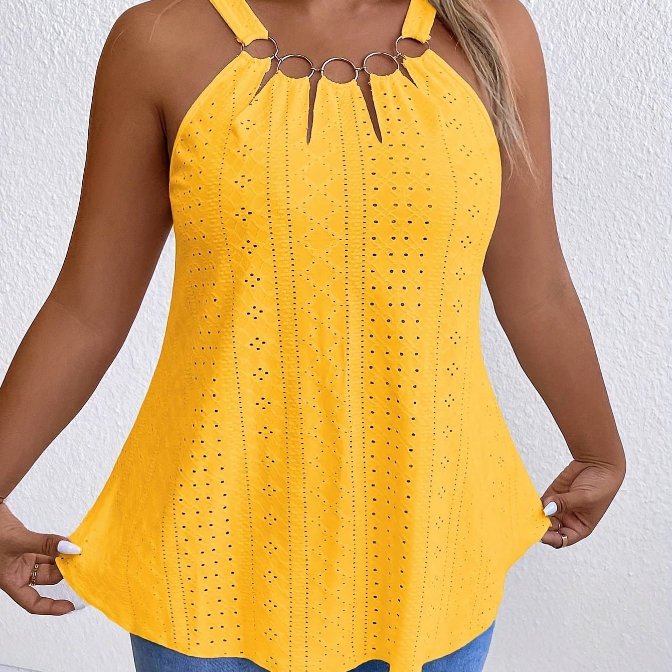 TEMU Plus Size - Plus Size - Plus Size Eyelet Embroidered Cami Top, Summer Casual Sleeveless Blouse, Women's Plus Size Clothing
