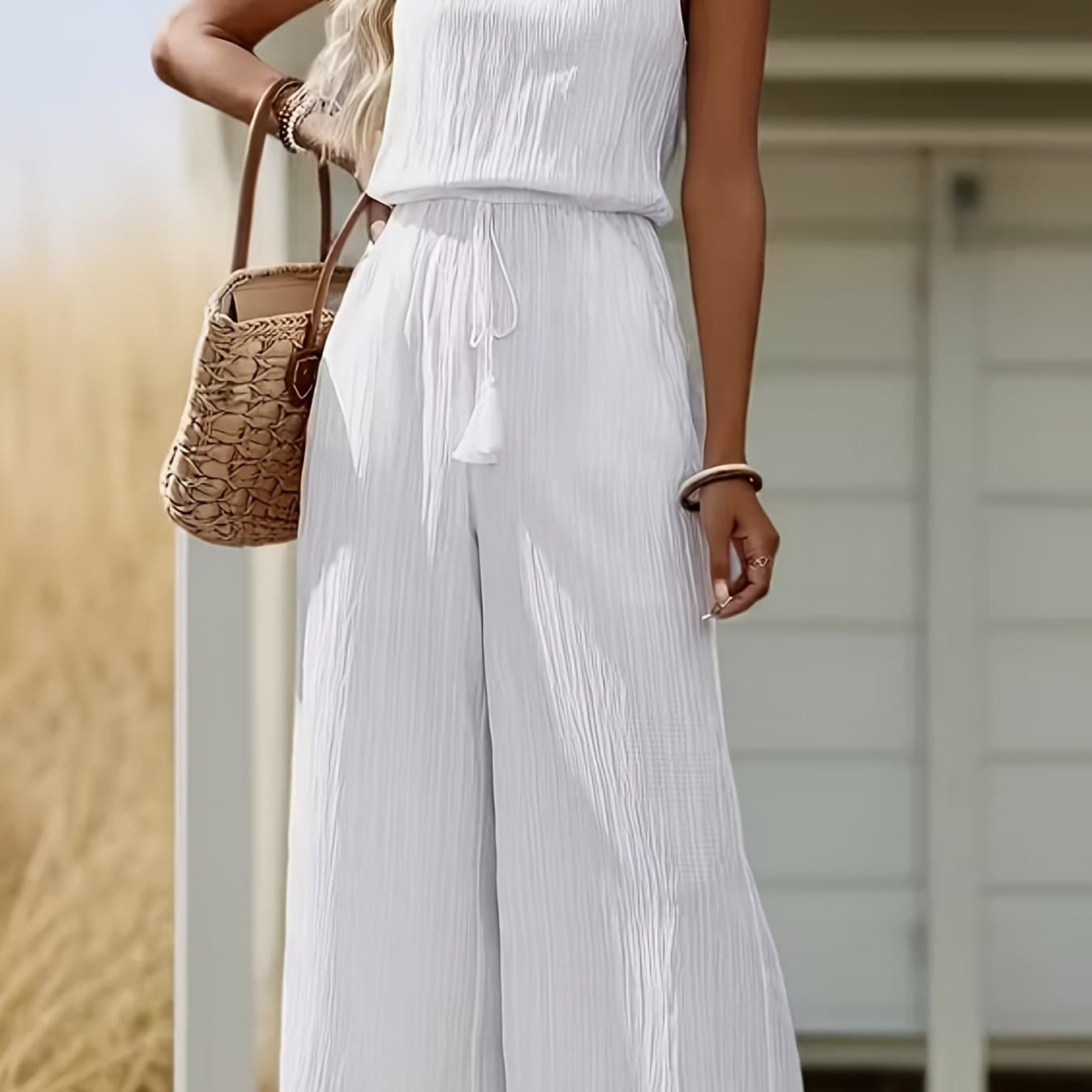 TEMU Women's Elegant Off-shoulder Sleeveless Wide-leg Jumpsuit Design. Casual, Formal Occasion Wear, Machine Washable Non-stretch Fabric (versatile Multi-occasion Women's Clothing)